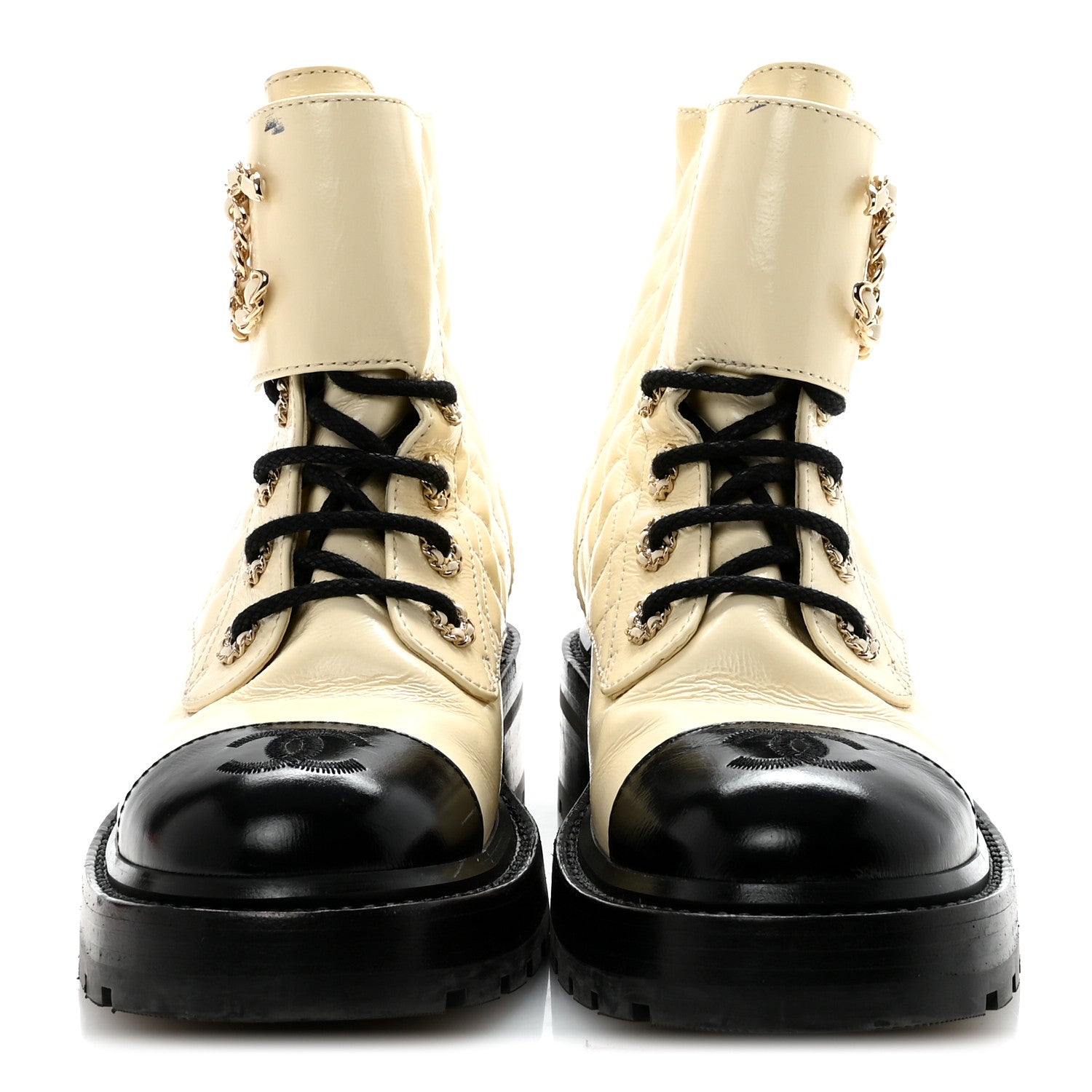 Shiny Goatskin Calfskin Quilted Lace Up Combat Boots 36 Ivory Black
