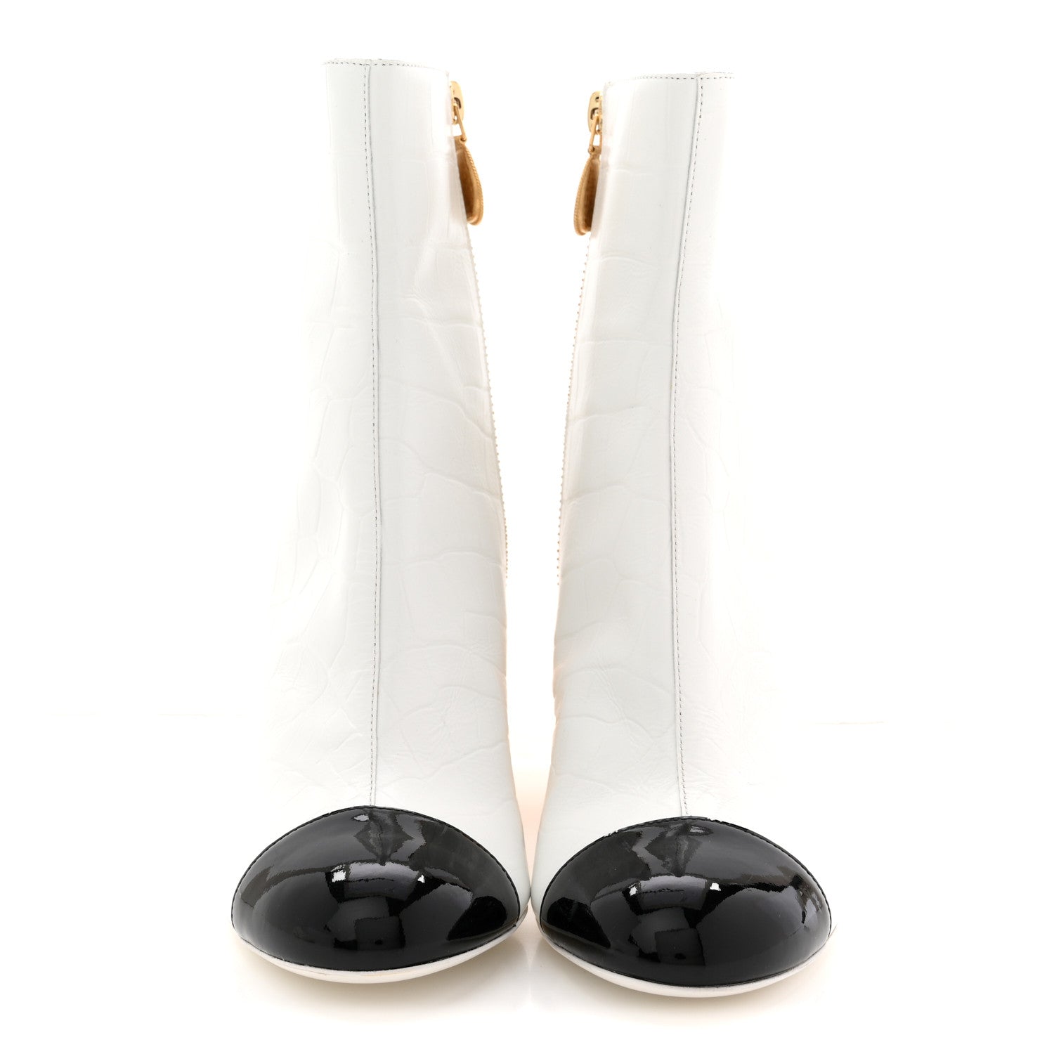 Calfskin Crocodile Embossed Patent Cap Toe Metiers D'Art Ankle Boots 36 White Black