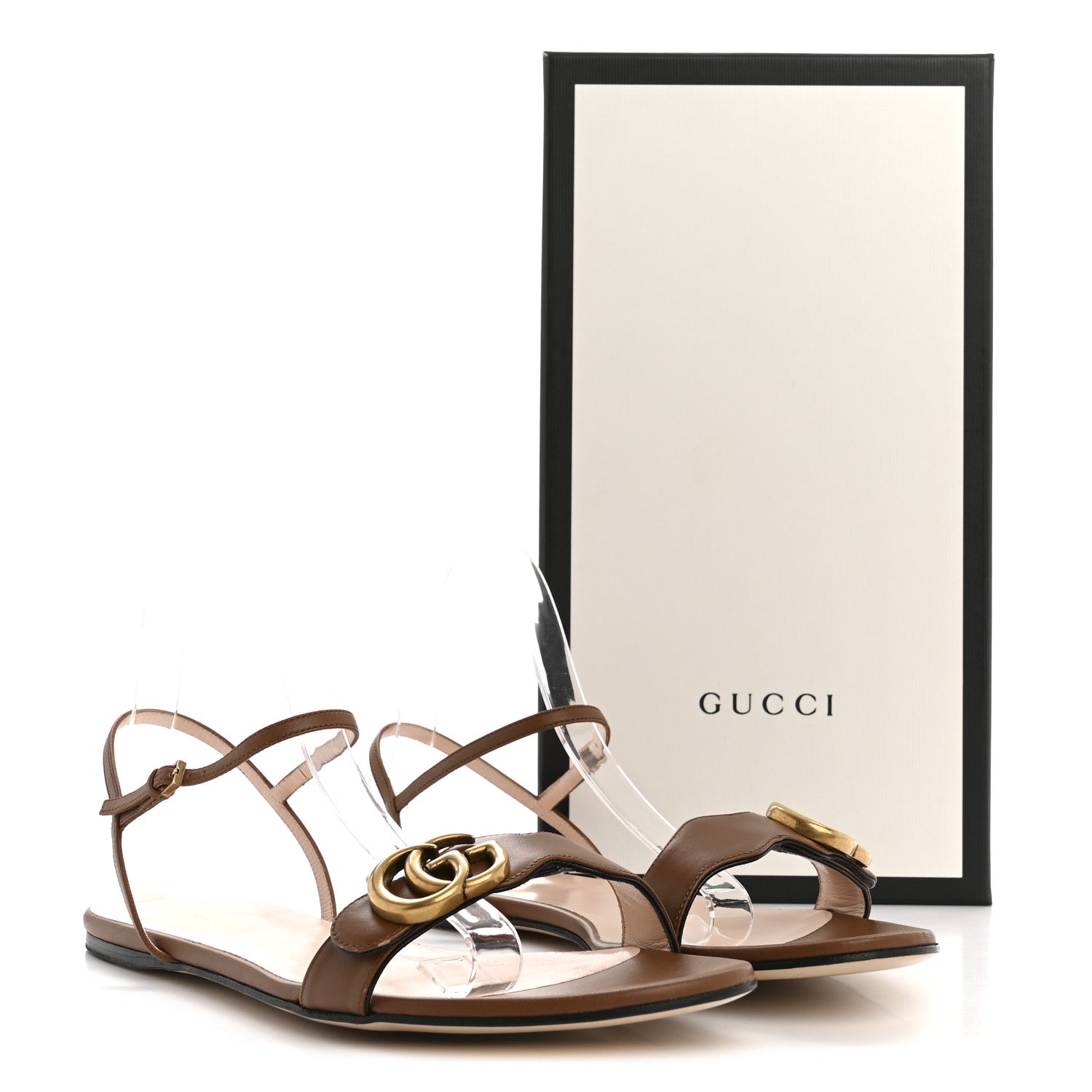 Lifford Calfskin GG Marmont Ankle Wrap Flat Sandals 41 Cognac