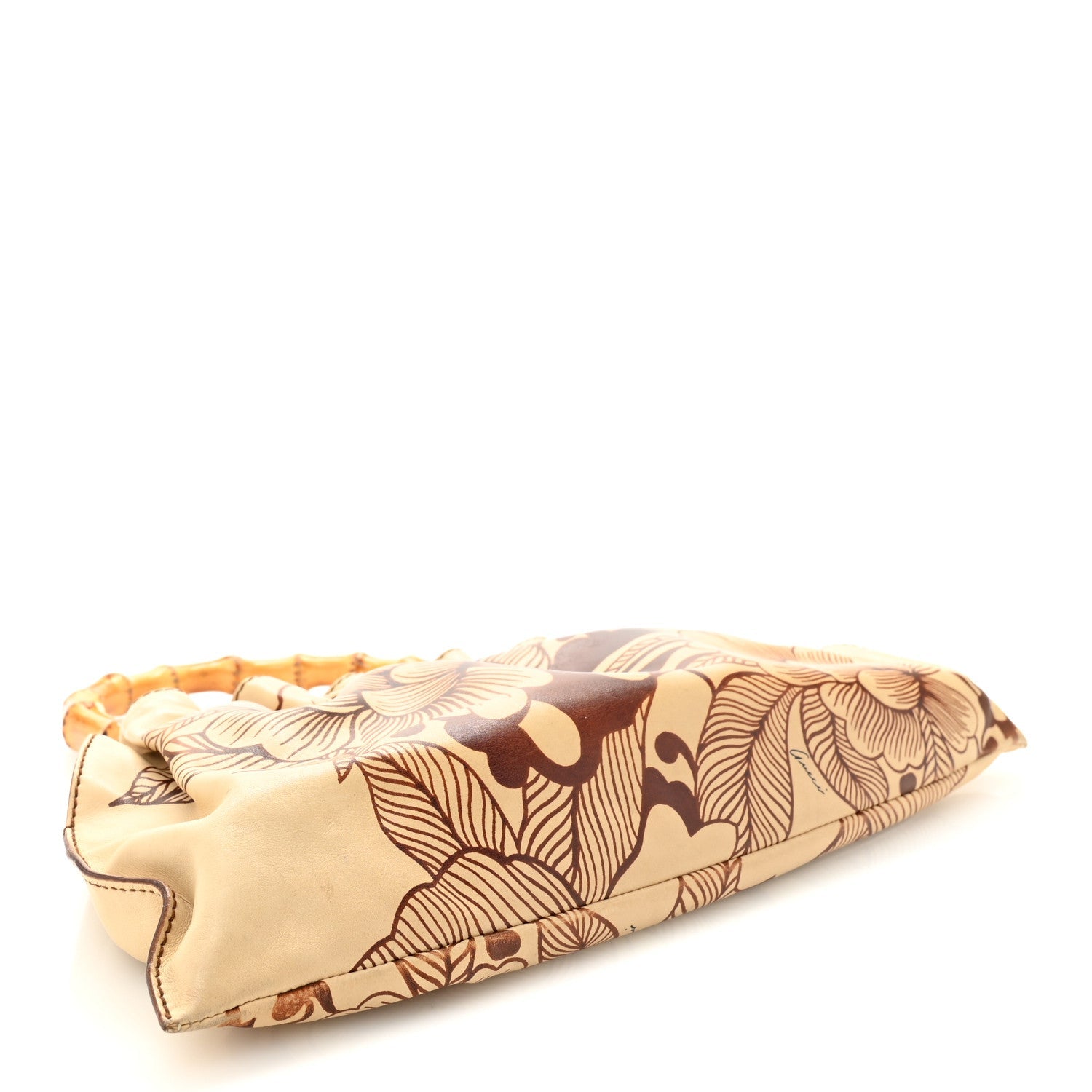 Calfskin Floral Printed Bamboo Top Handle Frame Bag Beige Brown