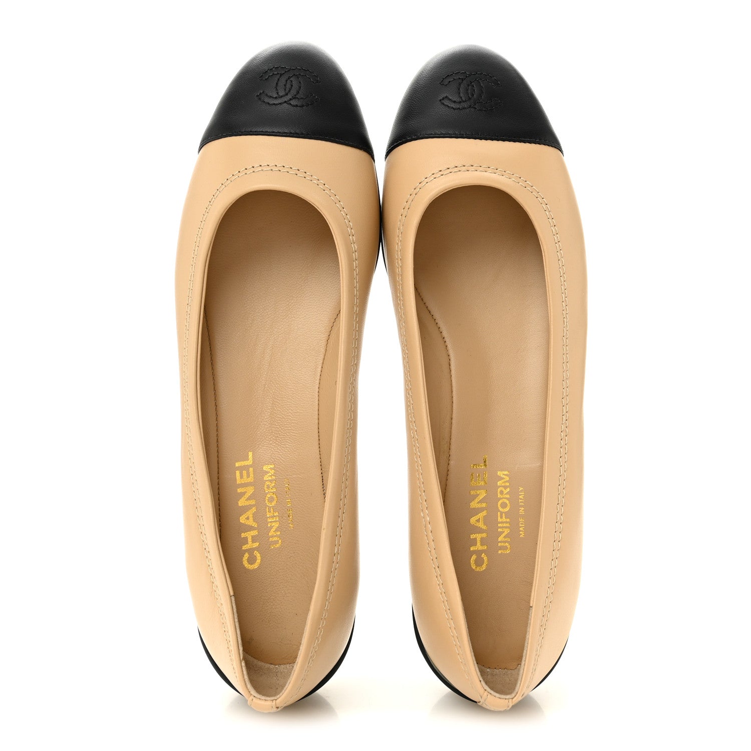 Lambskin Cap Toe CC Uniform Ballerina Flats 40 Beige Black
