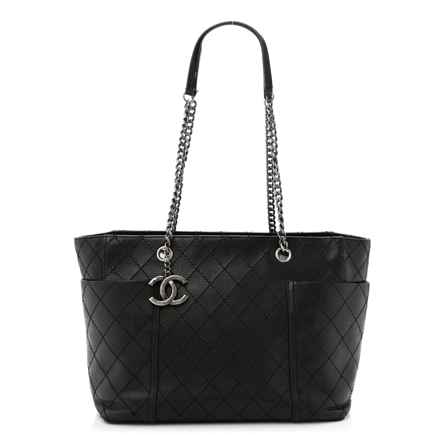 Lambskin Stitched Shopping Tote Black