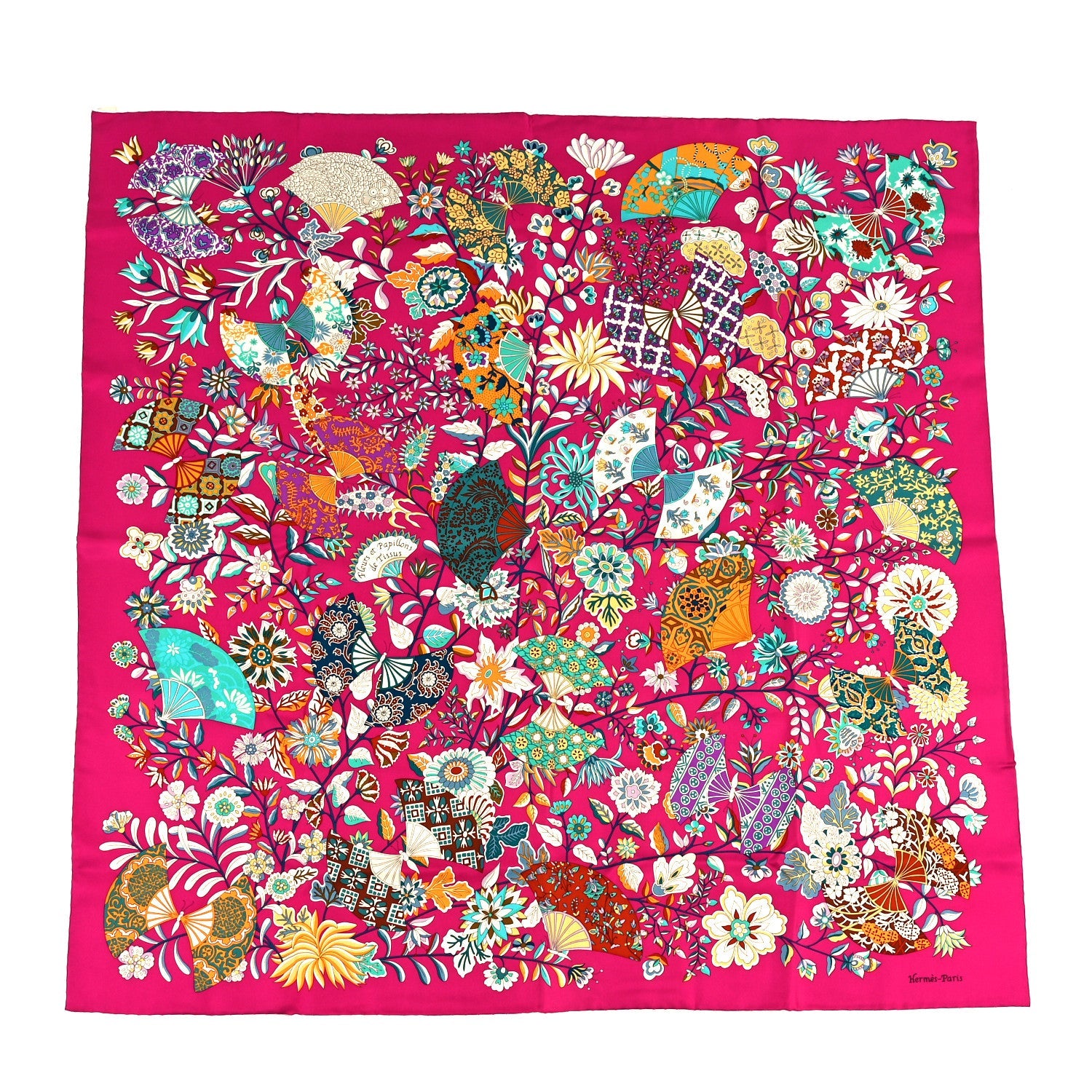 Silk Fleurs et Papillons de Tissus Scarf 90 Fuchsia Turquoise Creme