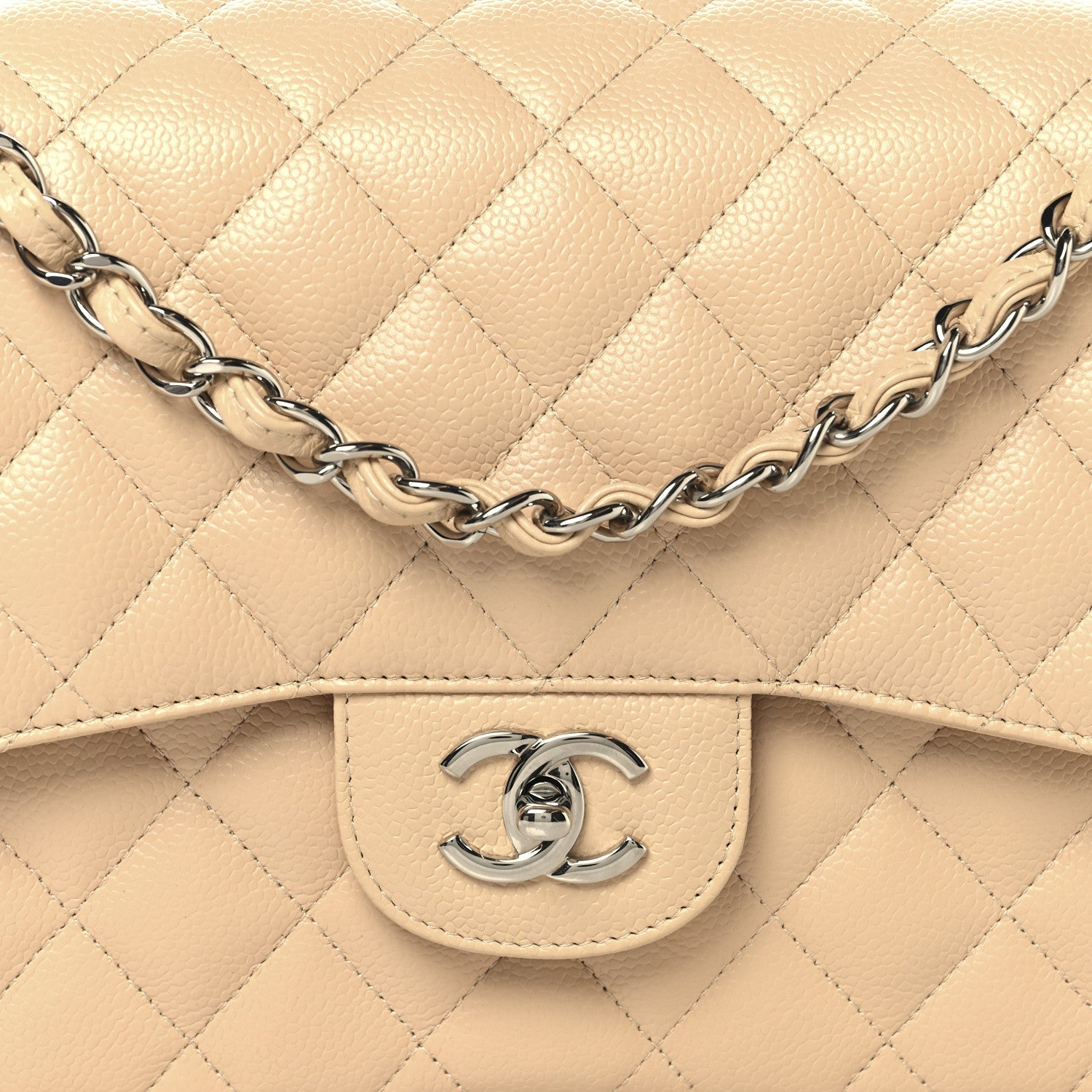 Caviar Quilted Jumbo Double Flap Beige