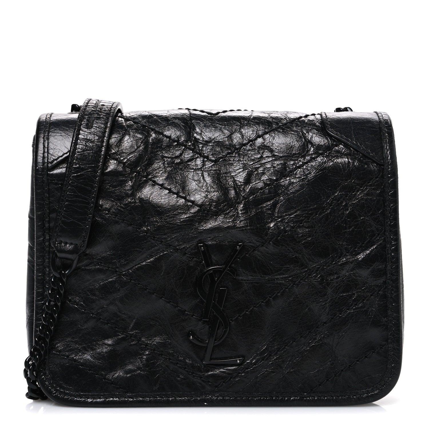 Crinkled Calfskin Matelasse Monogram Niki Chain Wallet Black