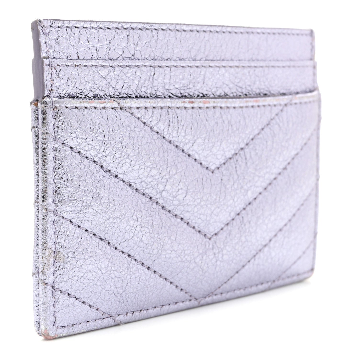 Metallic Crackled Calfskin Matelasse Chevron Monogram Credit Card Case Silver