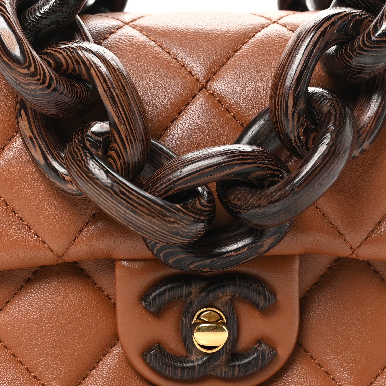 Lambskin Wenge Quilted Mini Fashion Wood Square Flap Light Brown
