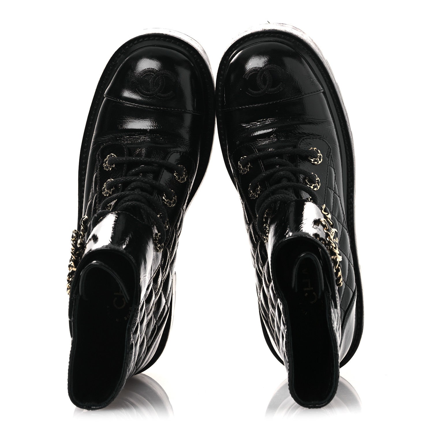 Shiny Calfskin Quilted Lace Up Combat Boots 37 Black