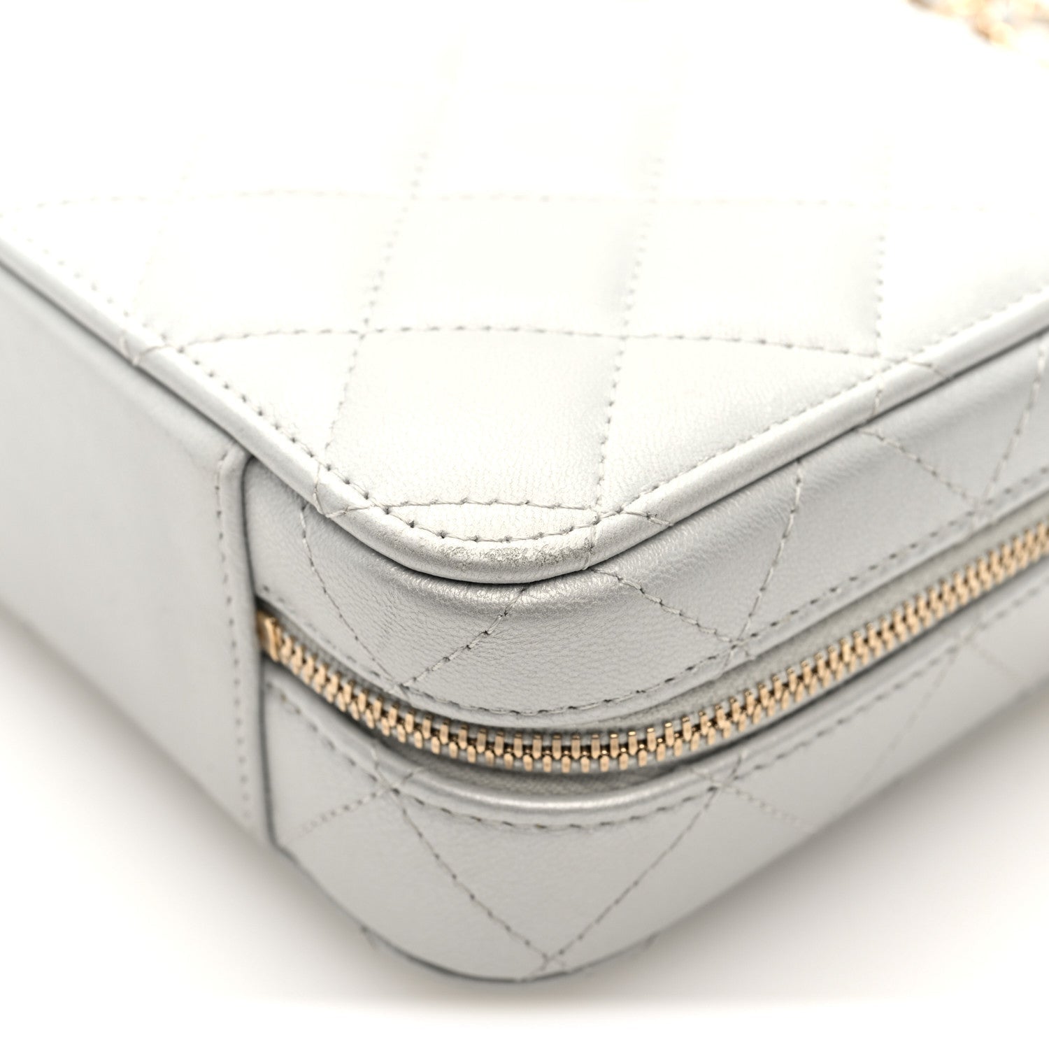 Metallic Lambskin Quilted Top Handle Vanity Case Silver