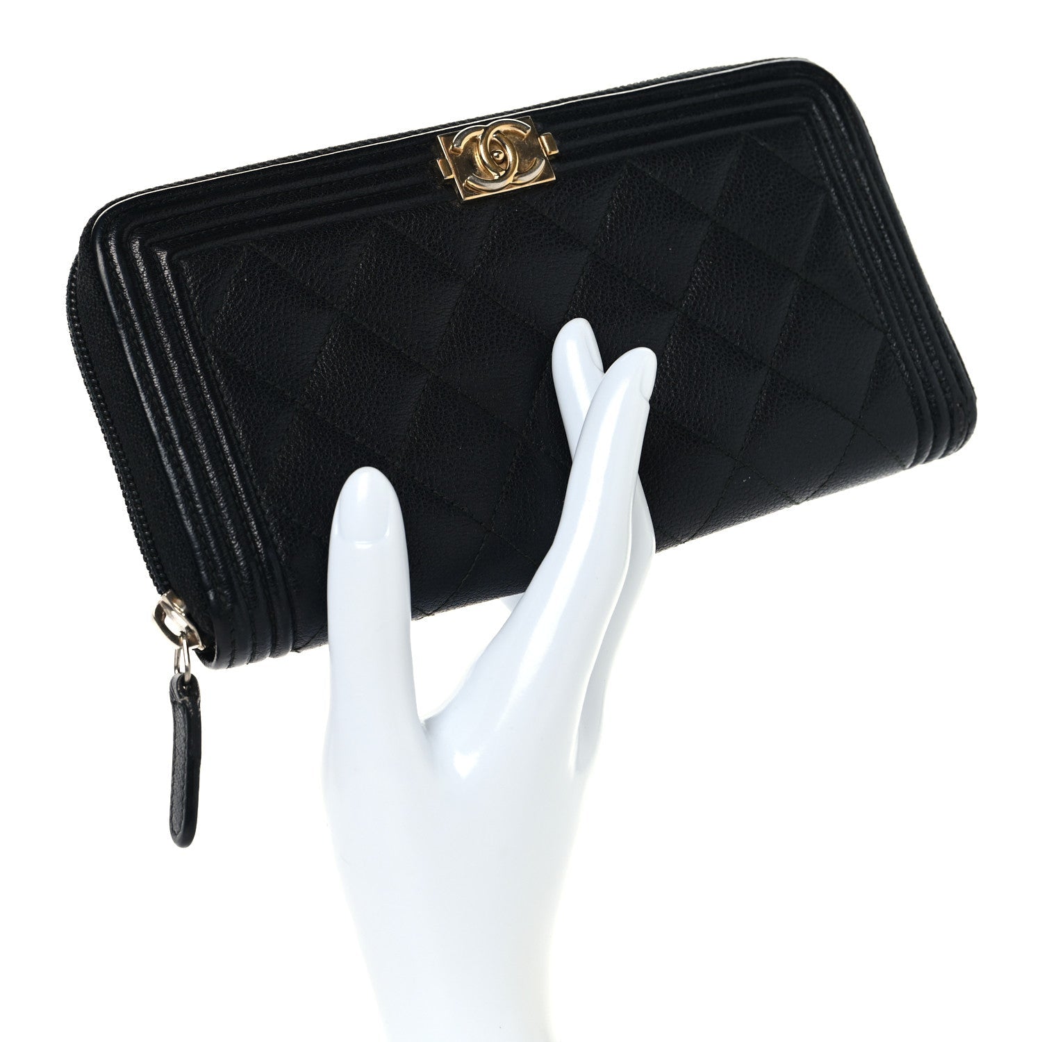 Caviar Quilted Boy Long Zip Around Wallet Black