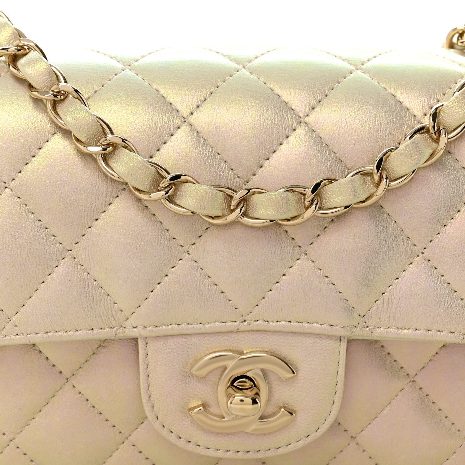 Iridescent Lambskin Quilted Mini Rectangular Flap Ivory