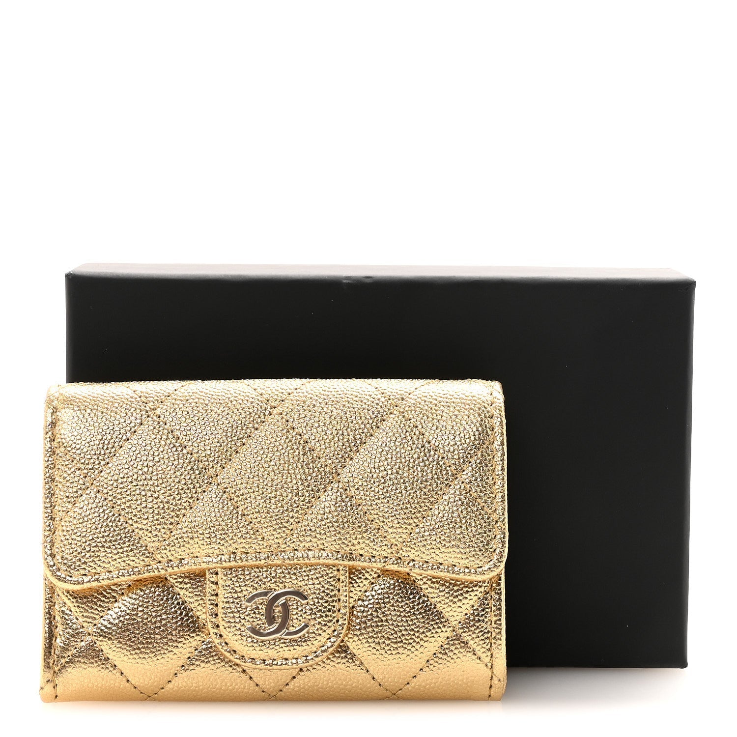 Metallic Caviar Quilted Flap Card Holder Wallet Gold