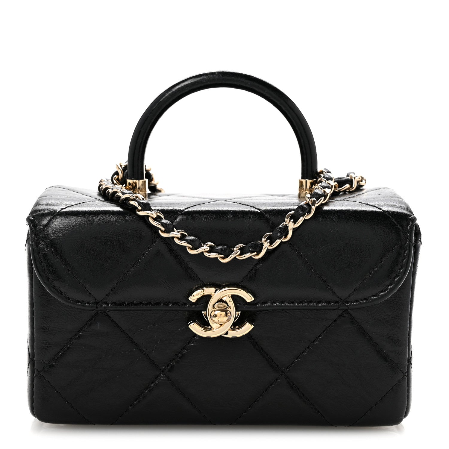 Shiny Calfskin Quilted Top Handle Box Bag Black