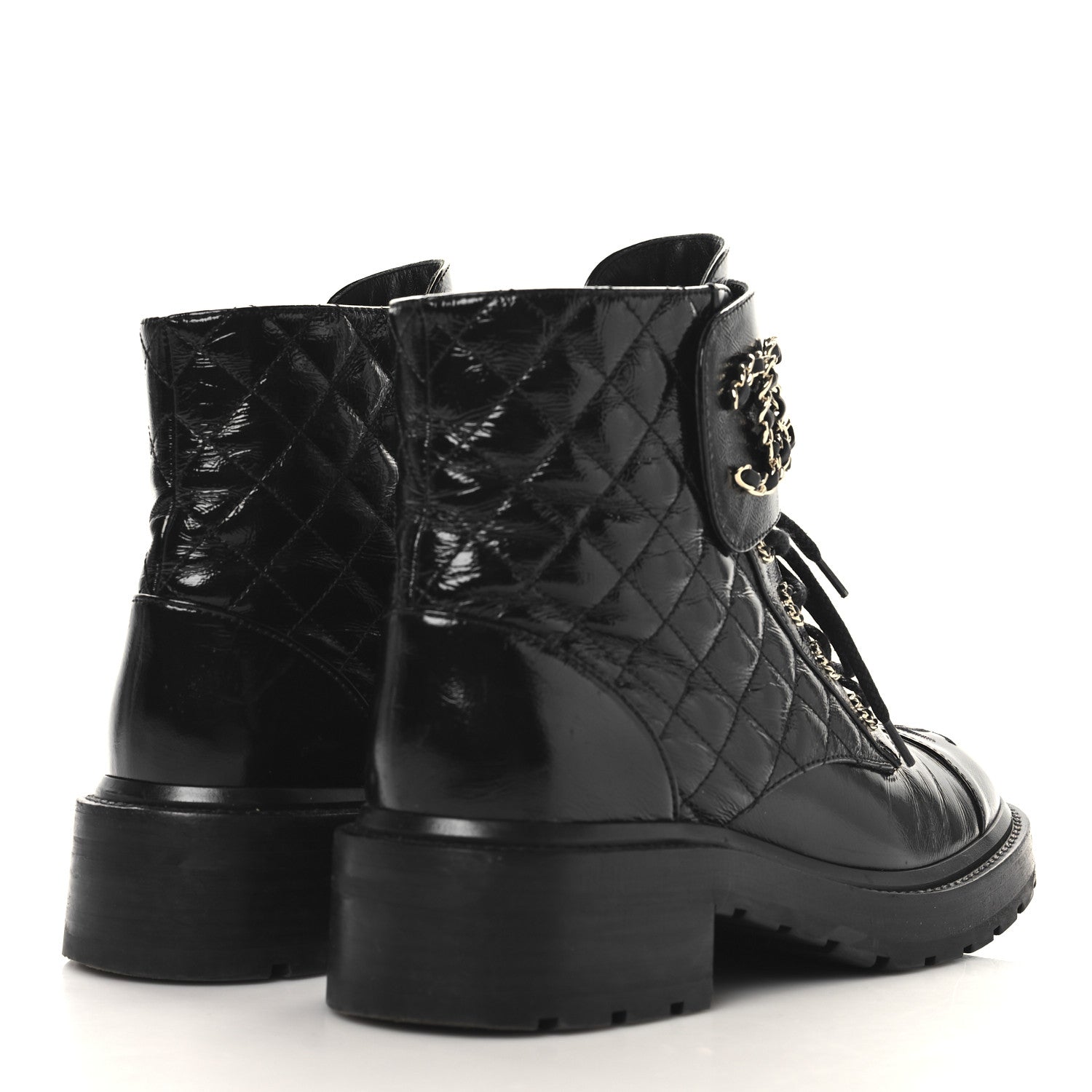 Shiny Calfskin Quilted Lace Up Combat Boots 39 Black