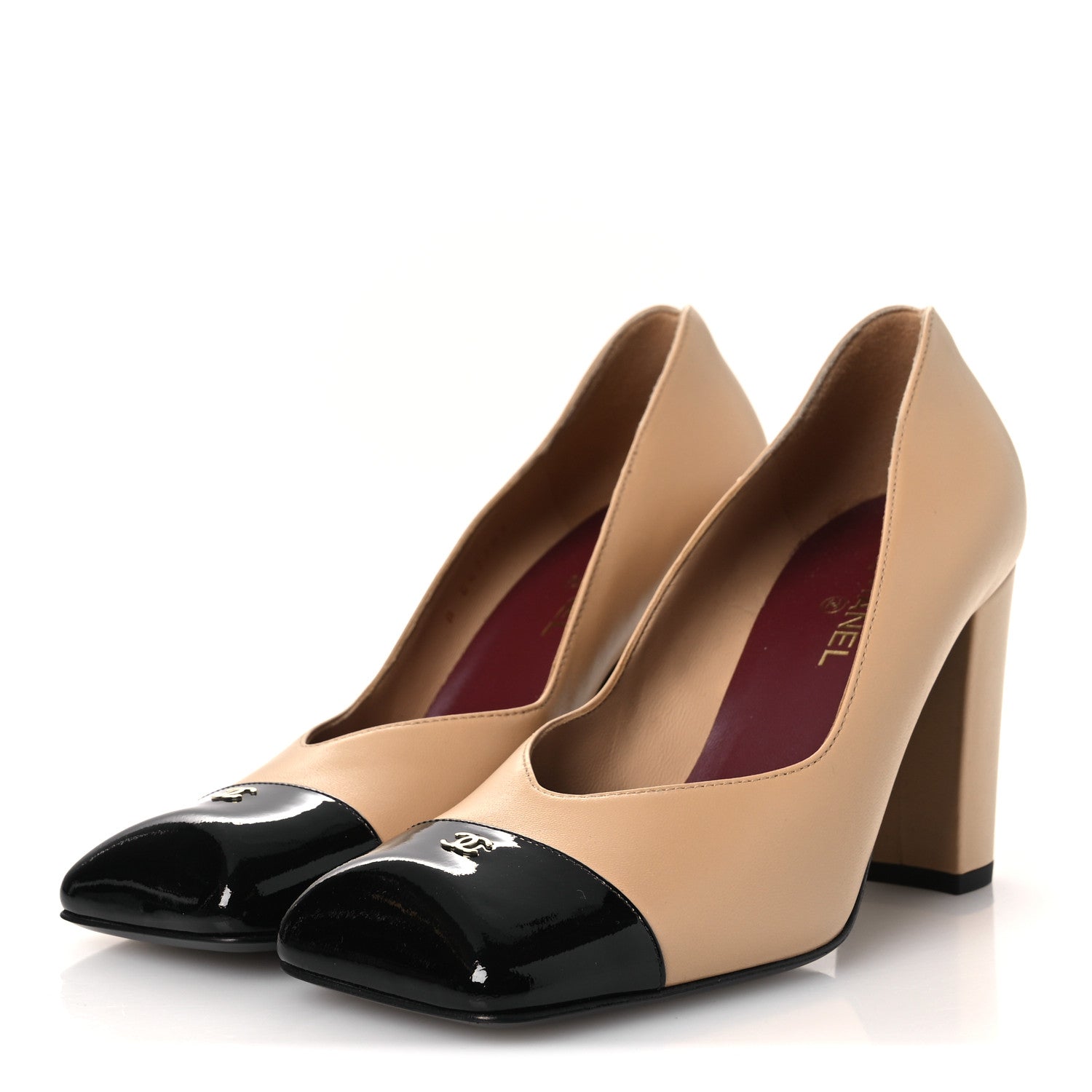 Lambskin Patent Calfskin Cap Toe Pumps 37 Beige Black