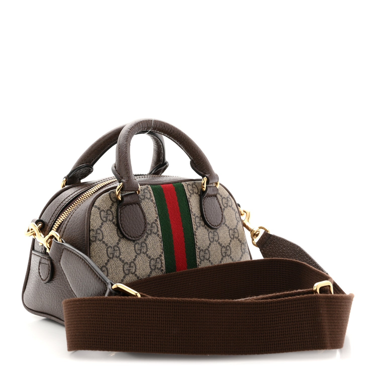 GG Supreme Monogram Textured Dollar Calfskin Web Mini Ophidia Top Handle Bowler Bag Beige Ebony New Acero