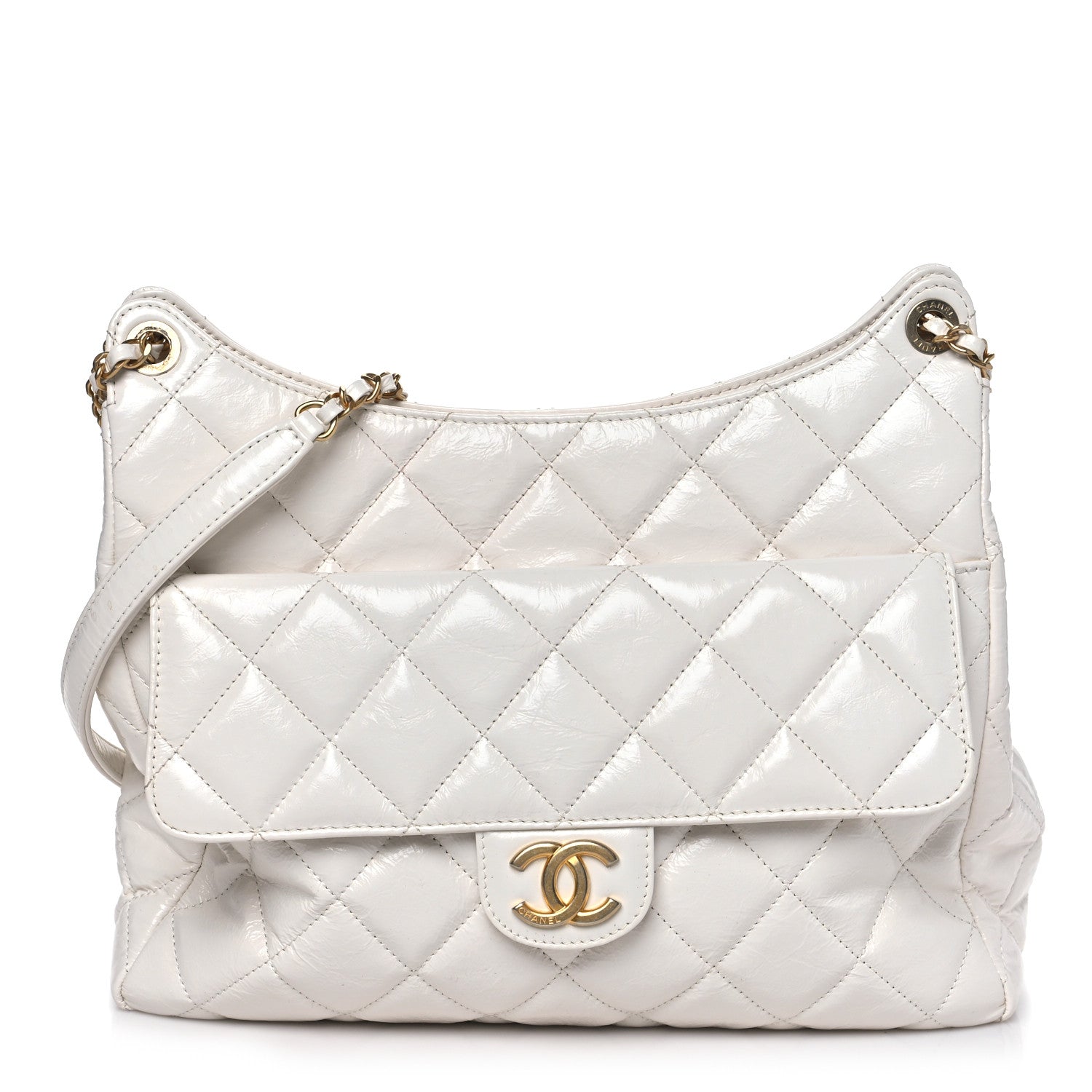 Shiny Crumpled Calfskin Quilted Large Wavy CC Hobo White