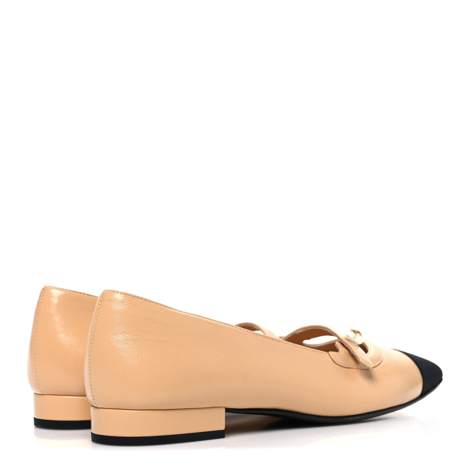 Shiny Lambskin Grosgrain Pointed Toe CC Ballet Flats 36 Beige Black