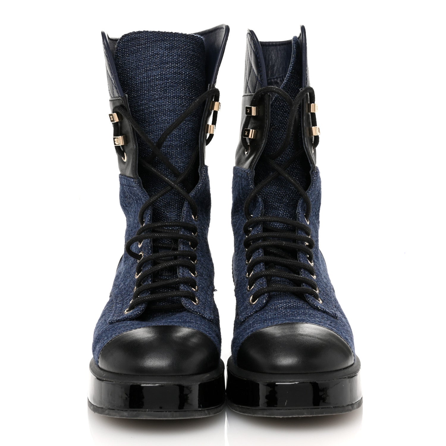 Fabric Patent Lambskin Quilted CC Lace Up Combat Boots 37 Navy Blue Black