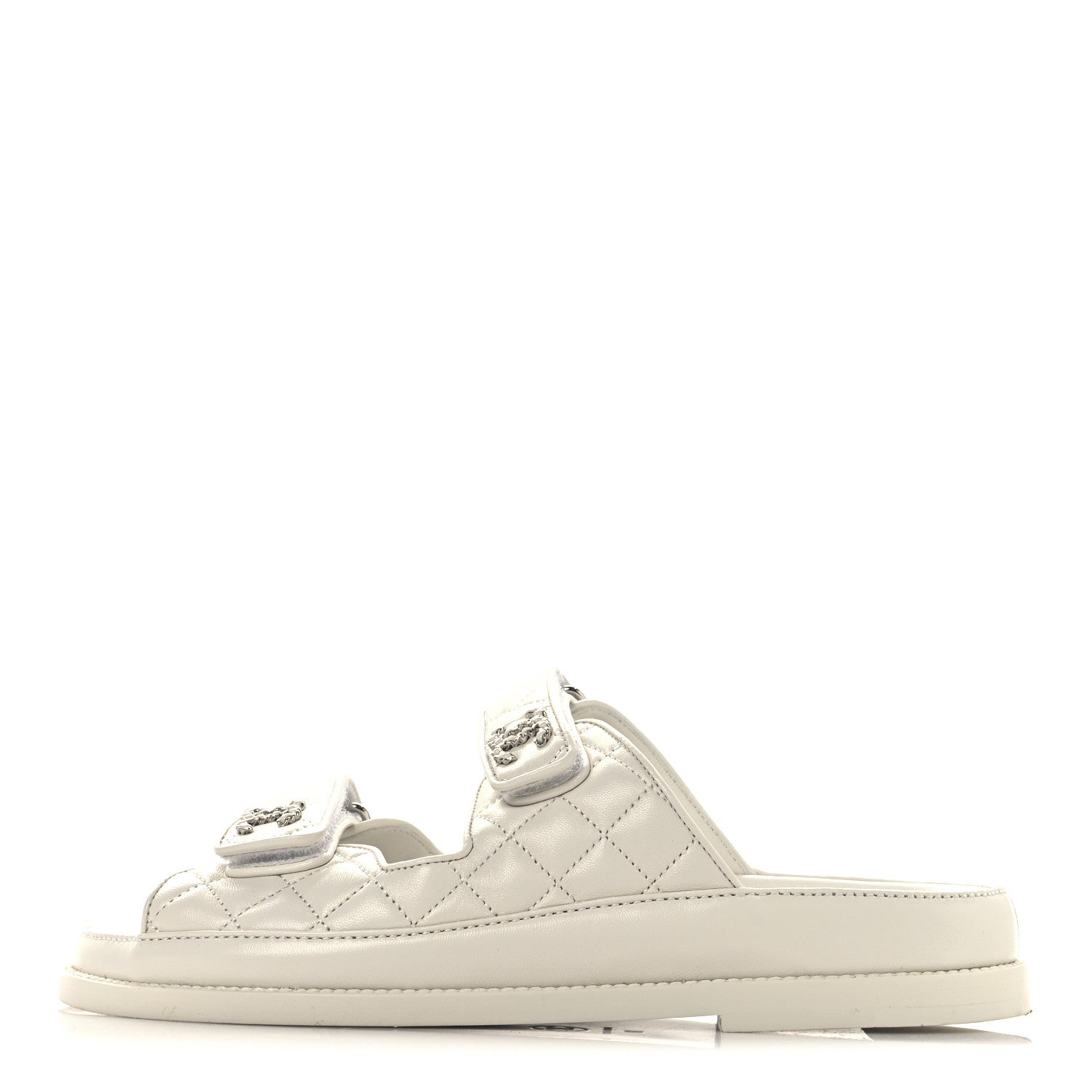 Lambskin Quilted Velcro Dad Chain CC Slide Sandals 38 White