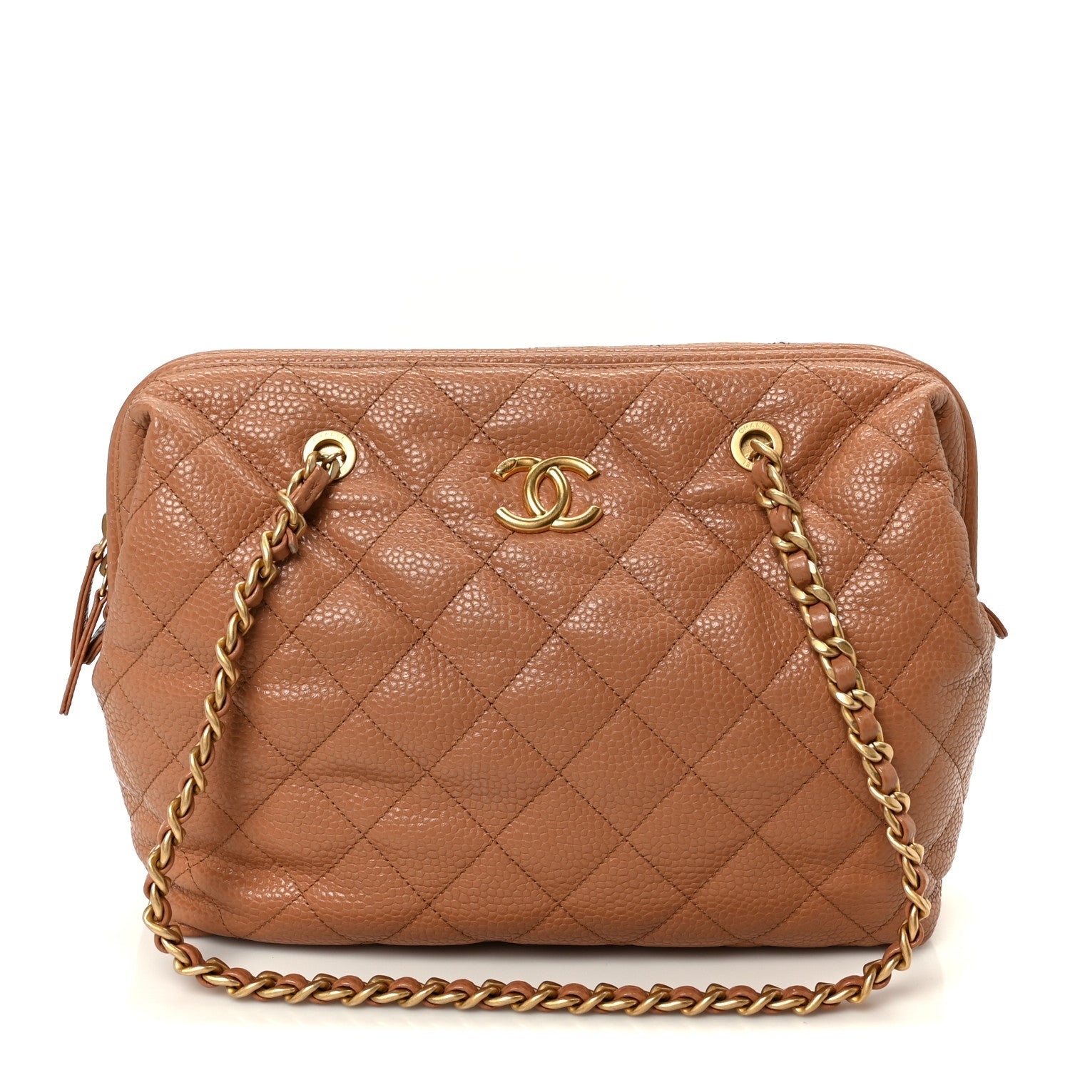 Shiny Caviar Quilted Large Bowling Bag Brown