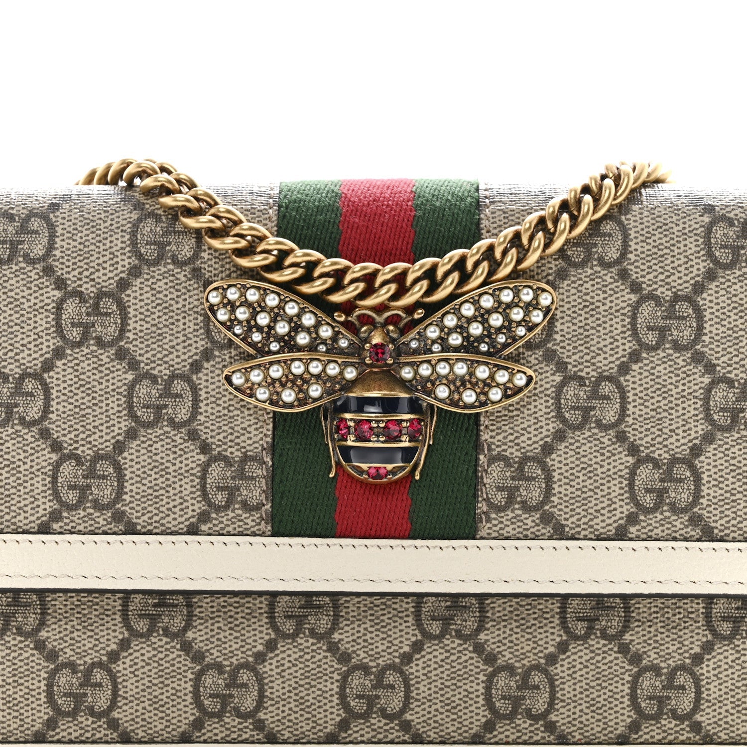 GG Supreme Monogram Web Queen Margaret Chain Wallet White