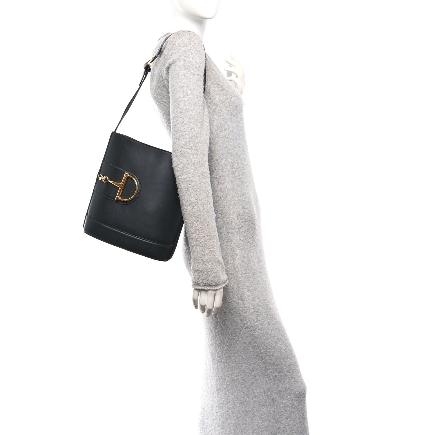 Arabella Calfskin Horsebit 73 Medium Bucket Bag Black