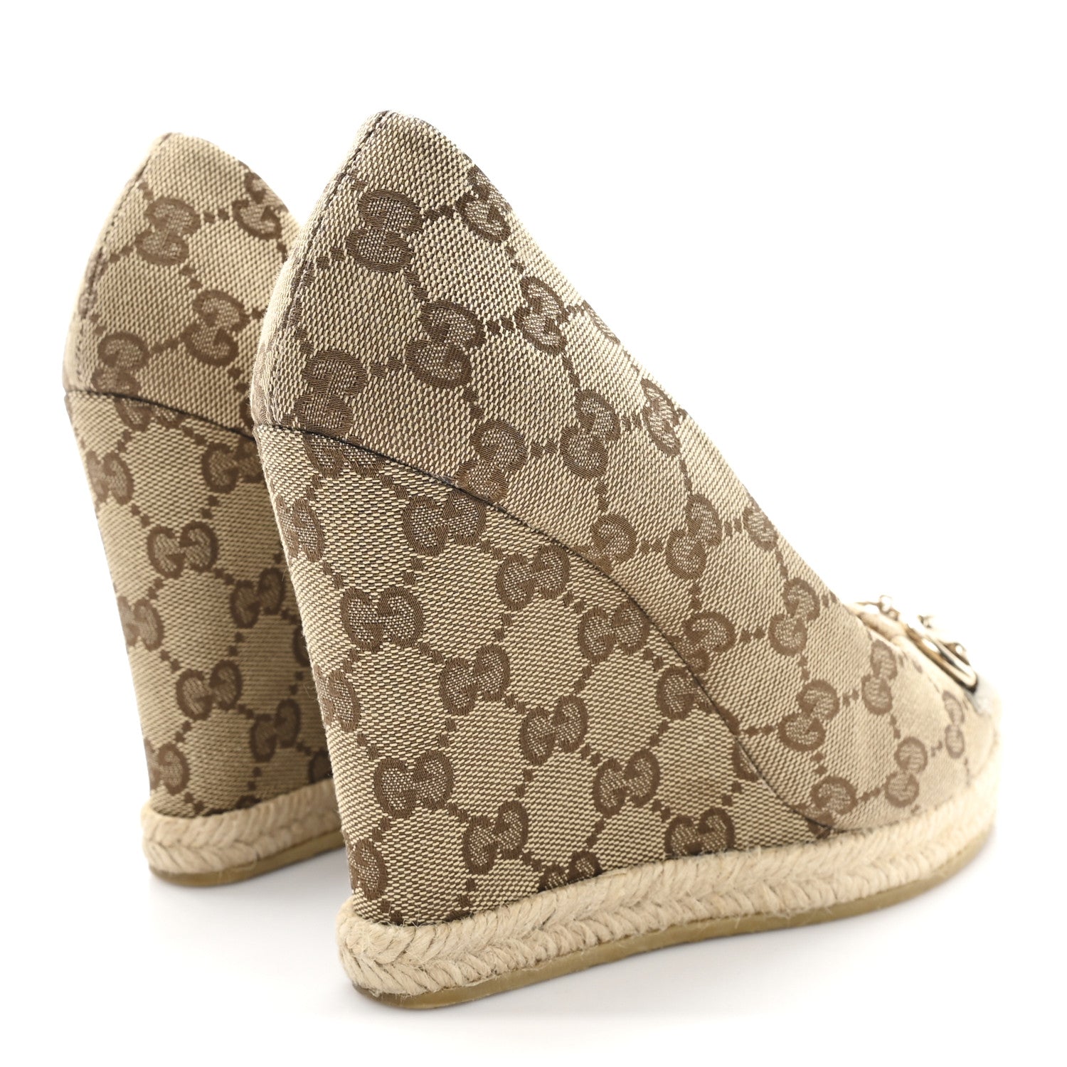 Monogram Horsebit Open Toe Espadrille Wedges 36 Beige