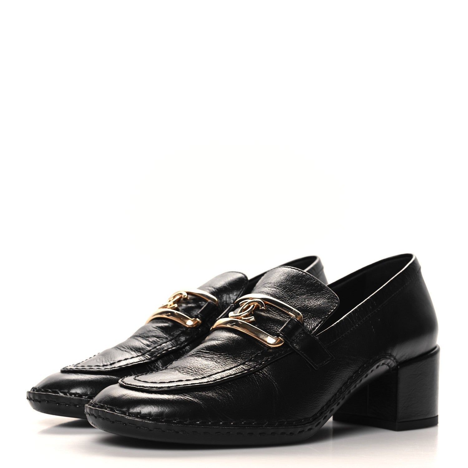Shiny Calfskin Metal CC Loafers 37 Black
