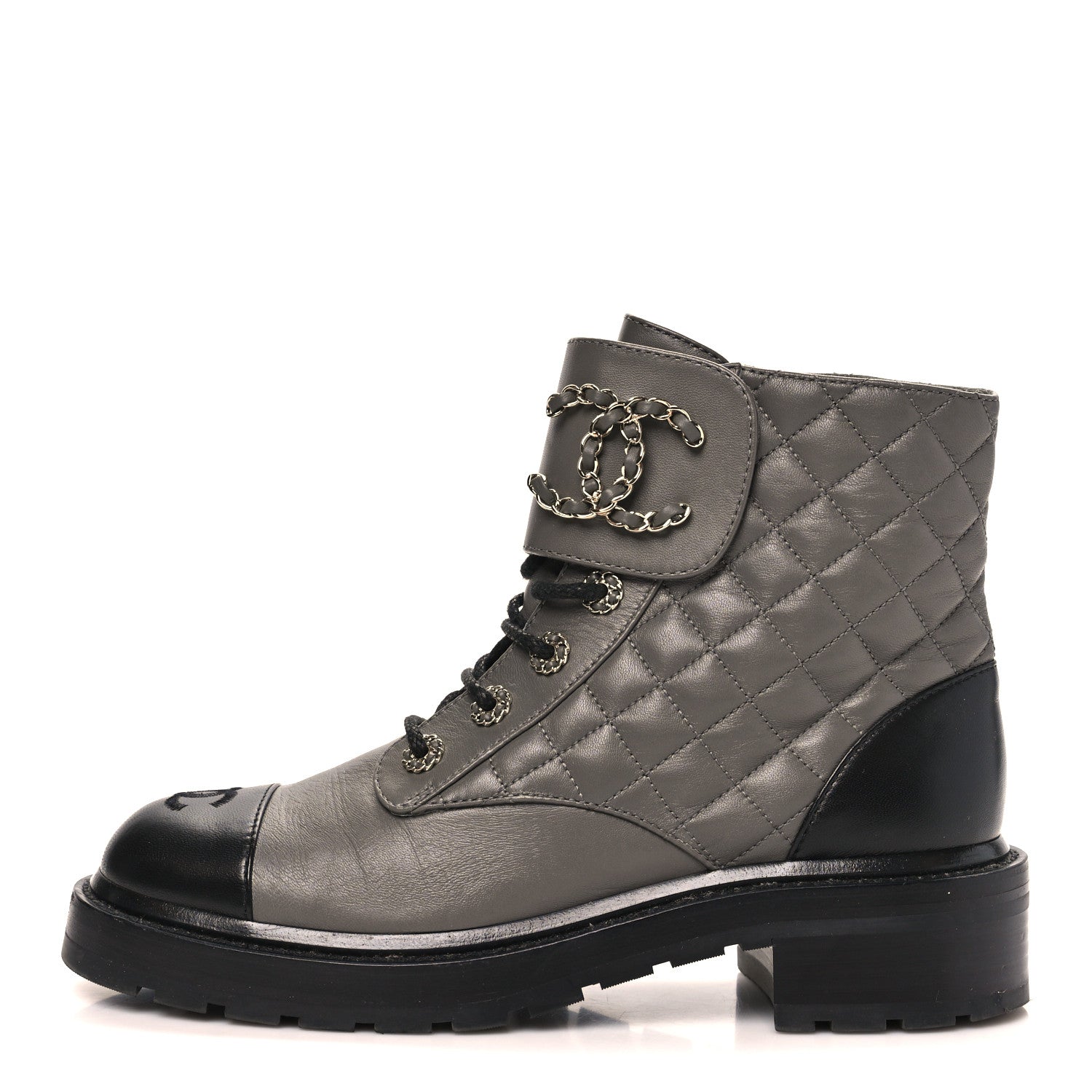 Shiny Lambskin Quilted Lace Up Combat Boots 39.5 Grey Black