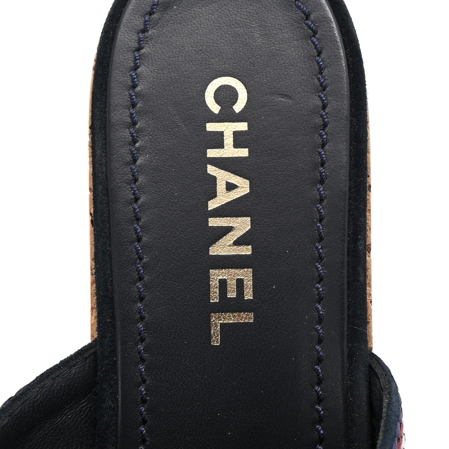 Suede Calfskin Cork CC Wedge Sandal 39 Navy Blue