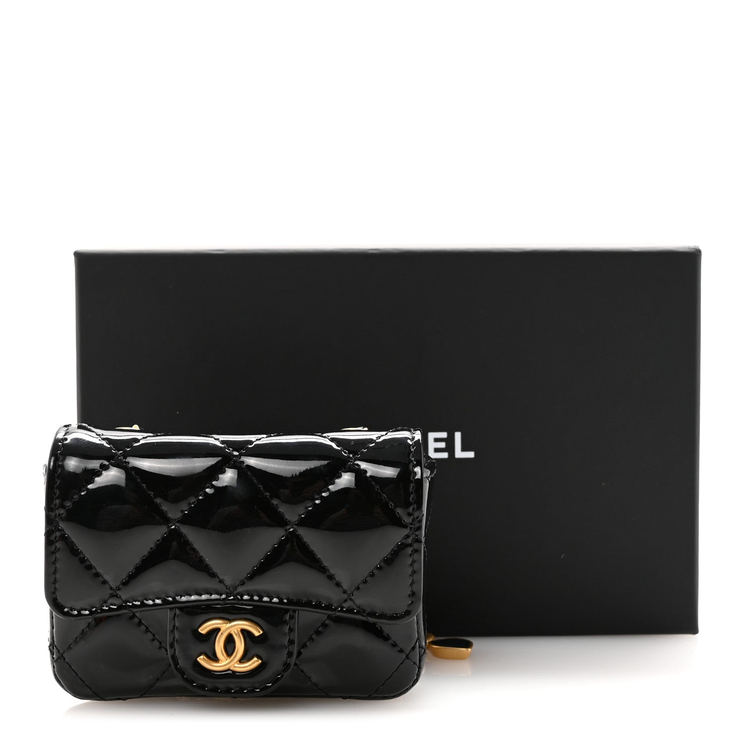 Patent Enamel Quilted Coco Hearts Clutch With Chain Black