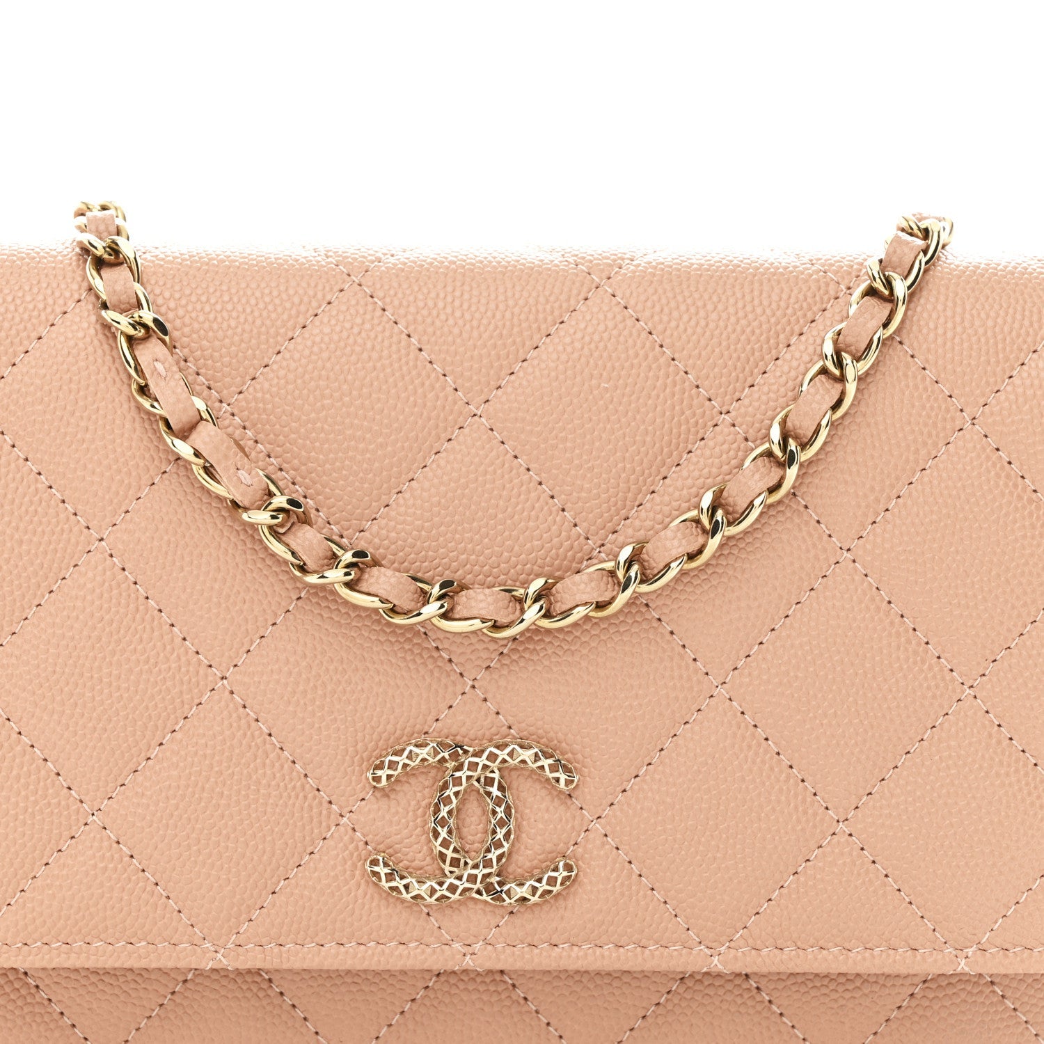 Caviar Quilted Perforated Metal CC Wallet On Chain WOC Beige