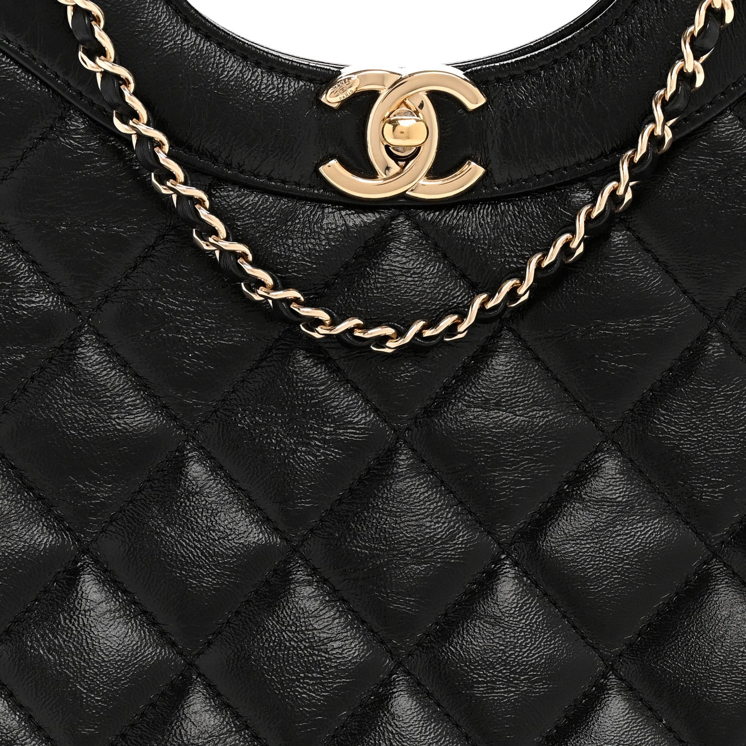 Shiny Crumpled Calfskin Quilted Small 31 Shopping Bag Black