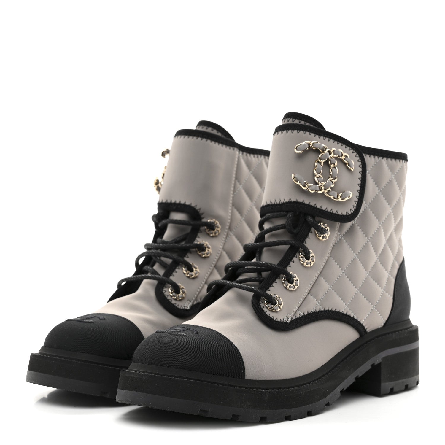 Fabric Grosgrain Quilted Cap Toe Lace Up Combat Boots 39 Grey Black