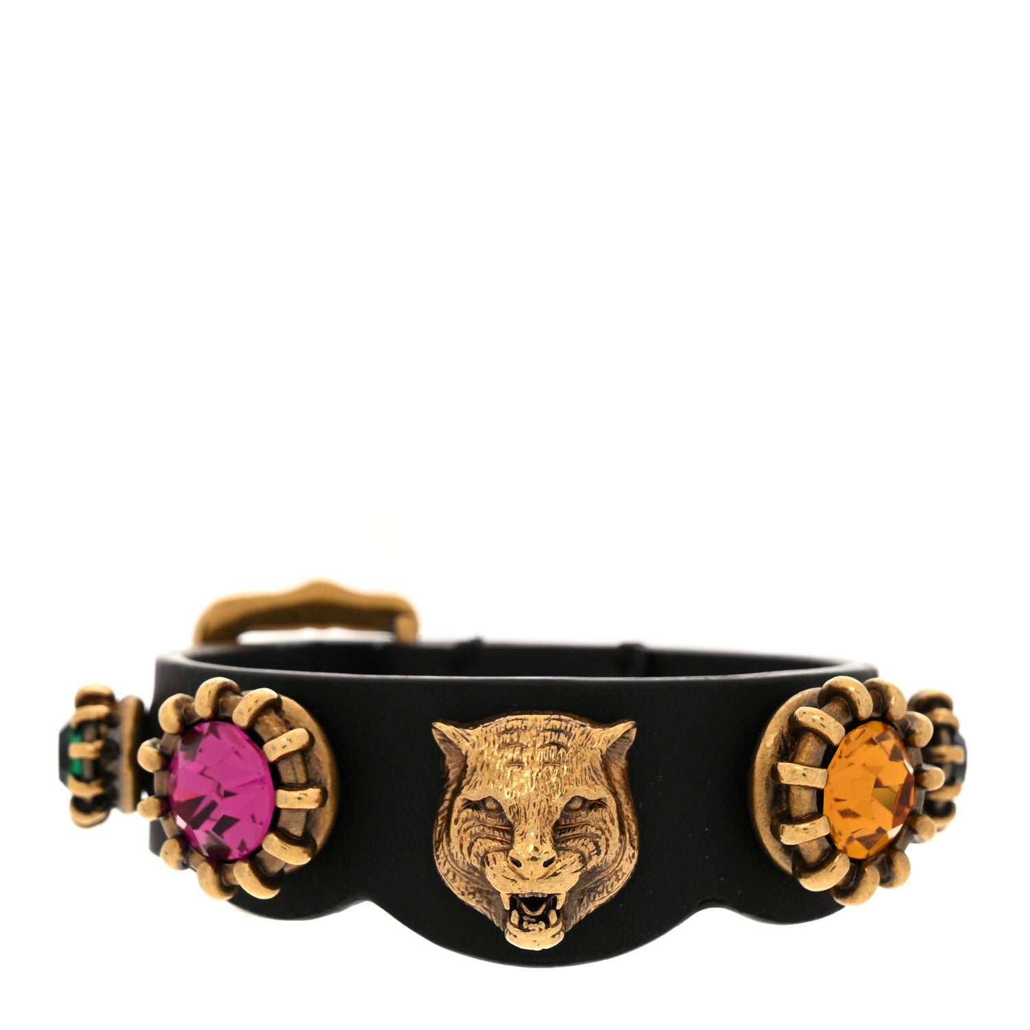 Calfskin Crystal Feline Heads Bracelet Black