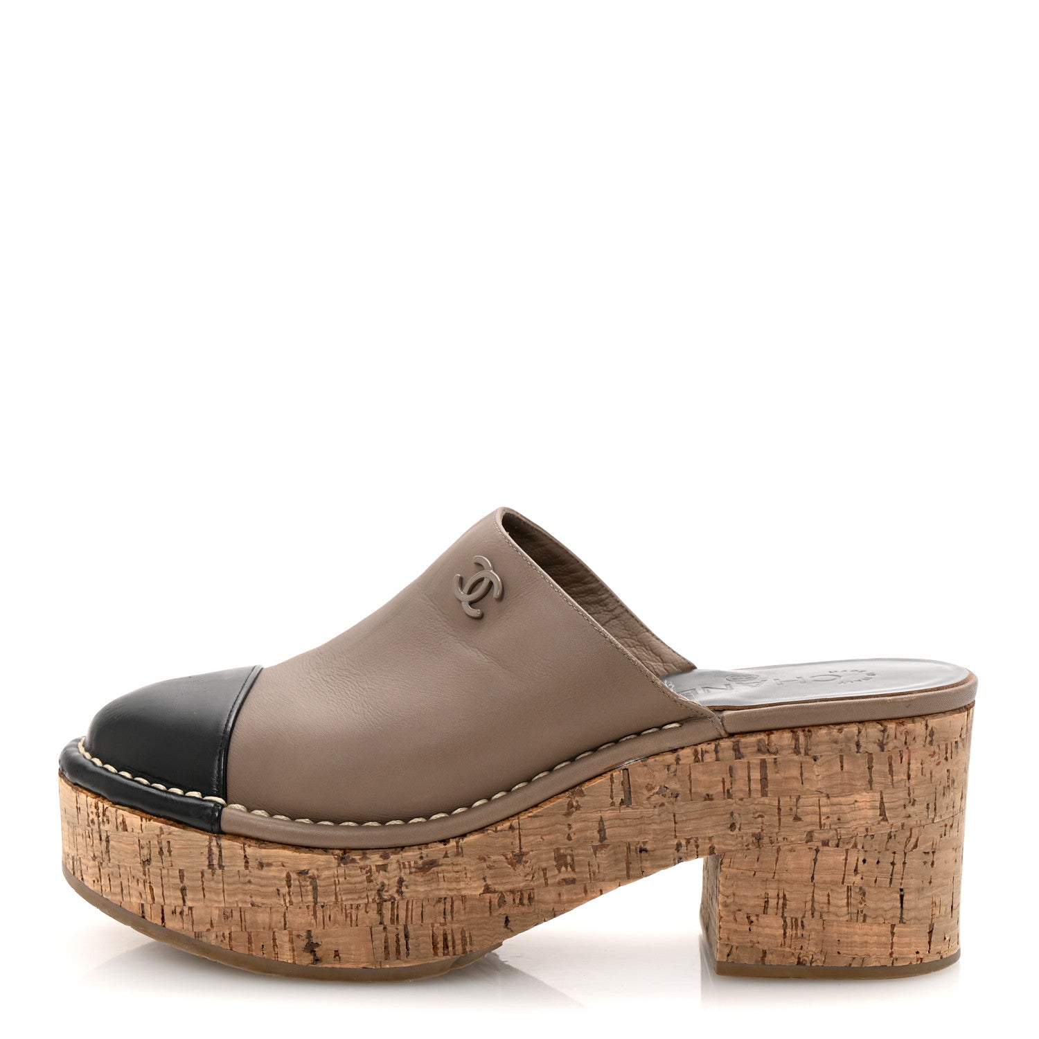 Calfskin Cork Cap Toe CC Clogs 38.5 Taupe Black