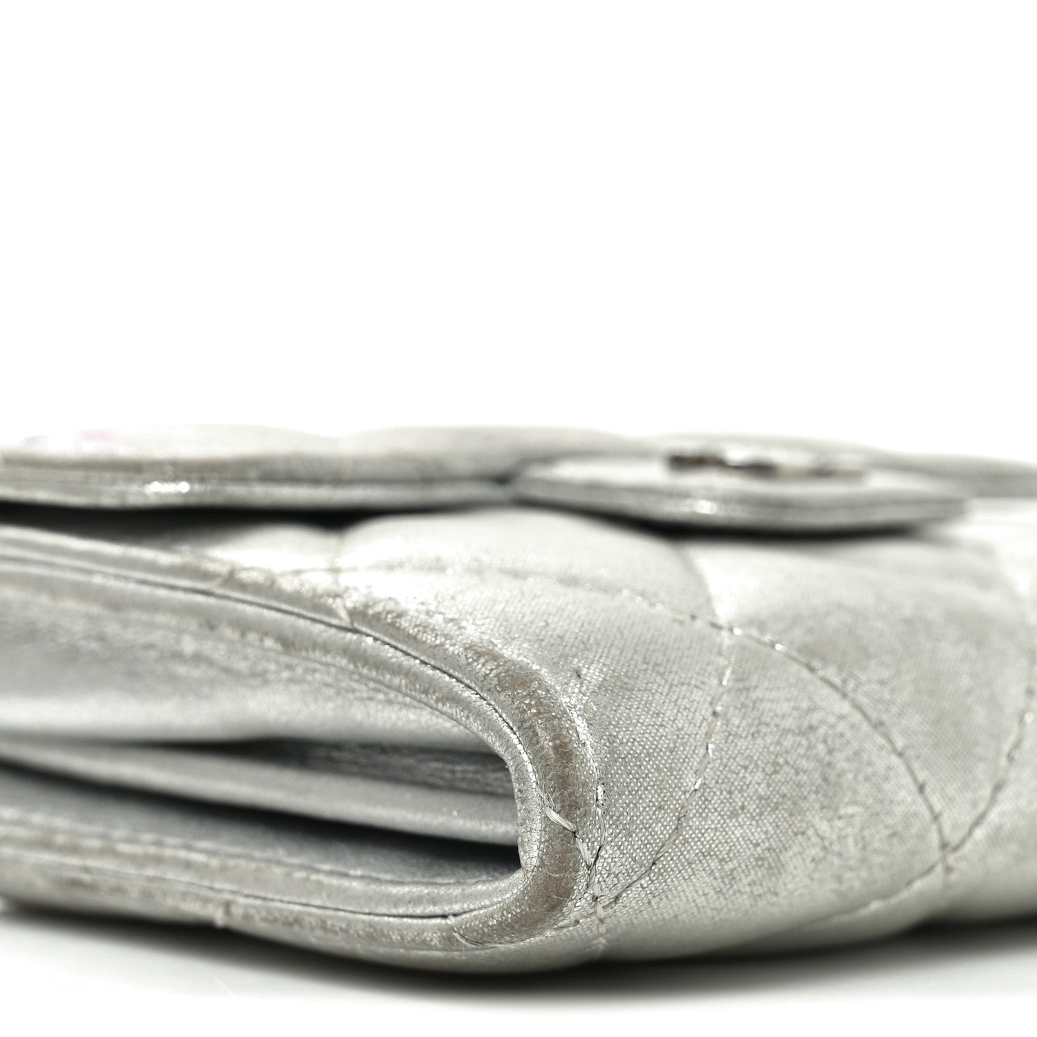 Metallic Lambskin Quilted Flap Card Holder Wallet Silver