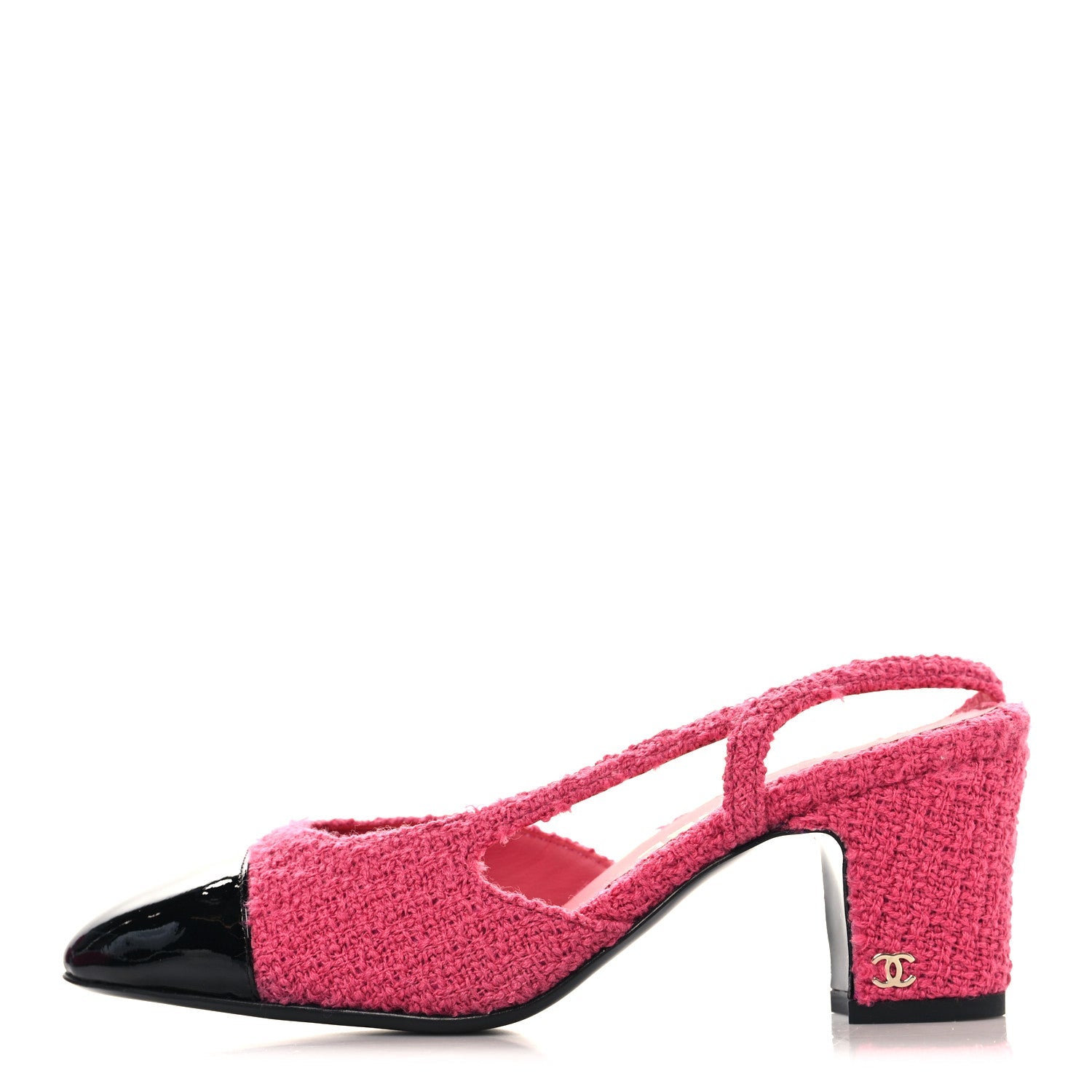 Tweed Patent Cap Toe CC Slingback Pumps 36.5 Pink Black