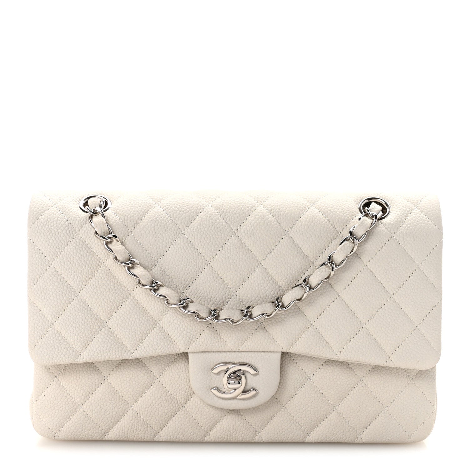 Iridescent Caviar Quilted Medium Double Flap Off White