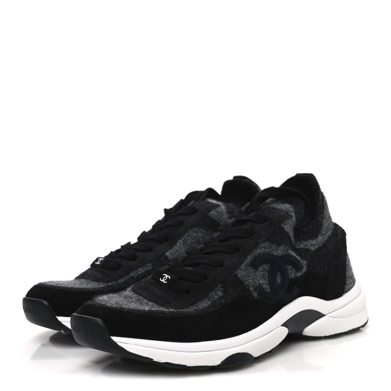 Knit Fabric Suede Calfskin Womens CC Sneakers 39 Black Grey