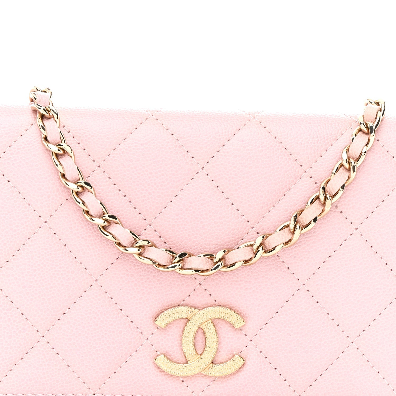 Caviar Quilted Studded CC Wallet on Chain WOC Light Pink
