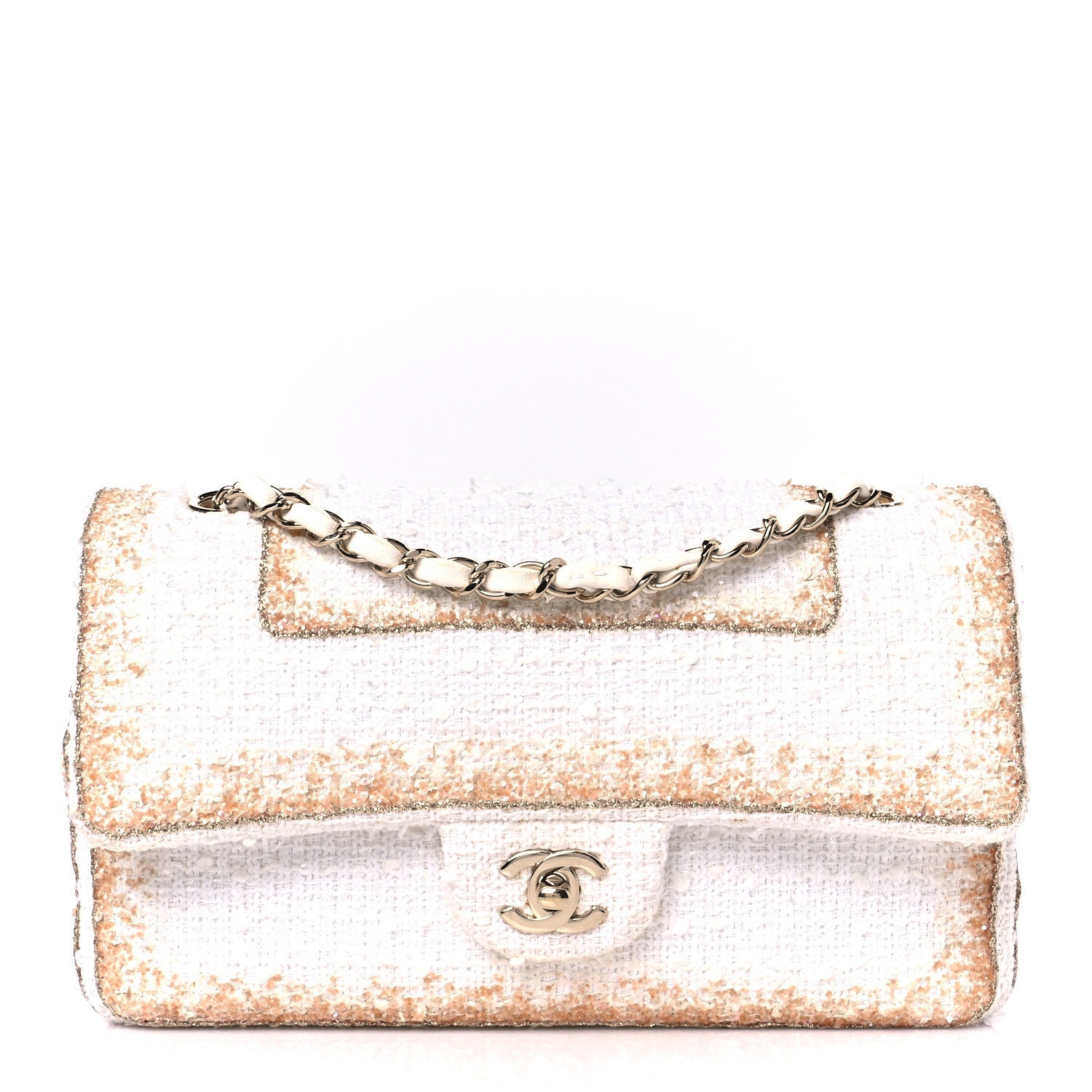 Metallic Tweed Medium Double Flap White Gold
