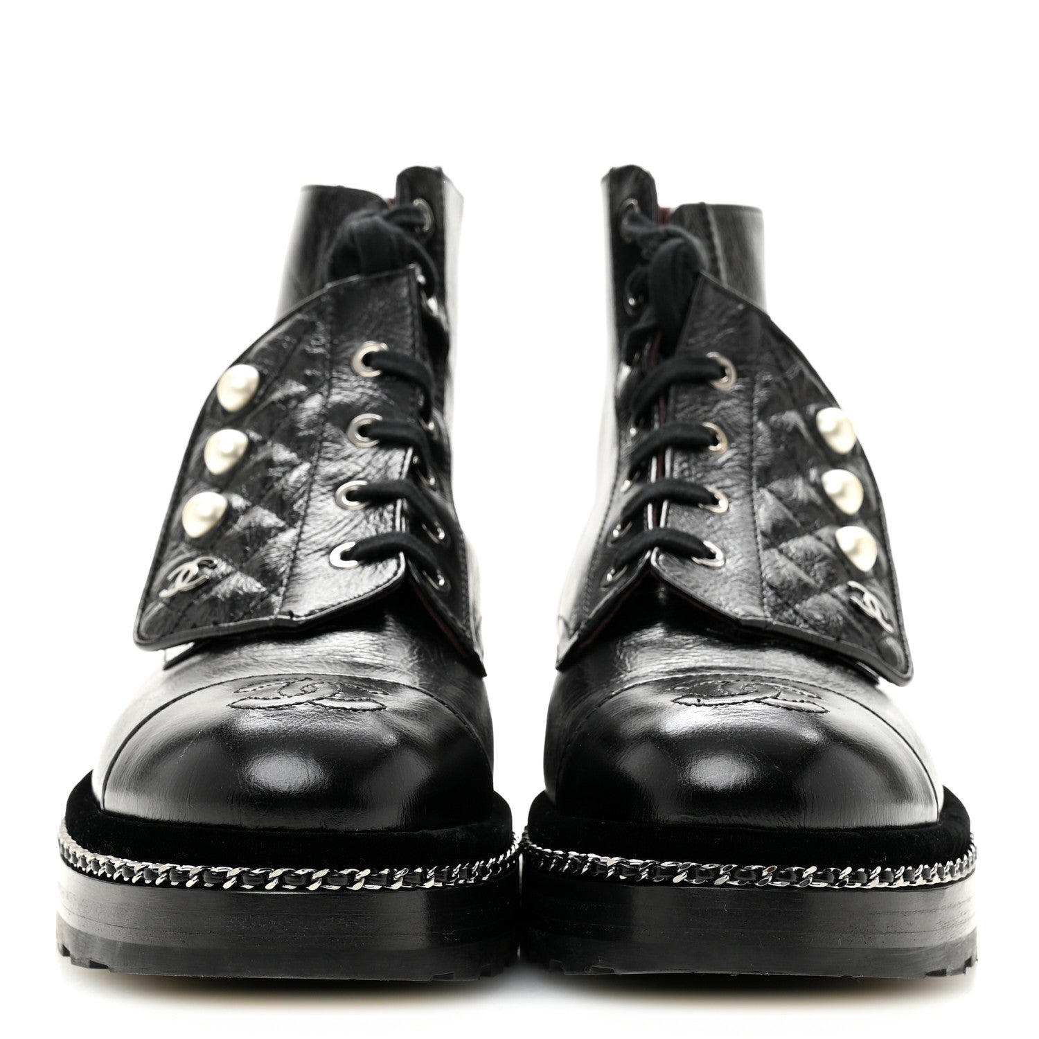 Crackled Calfskin Velvet Pearl Combat Short Boots 38.5 Black