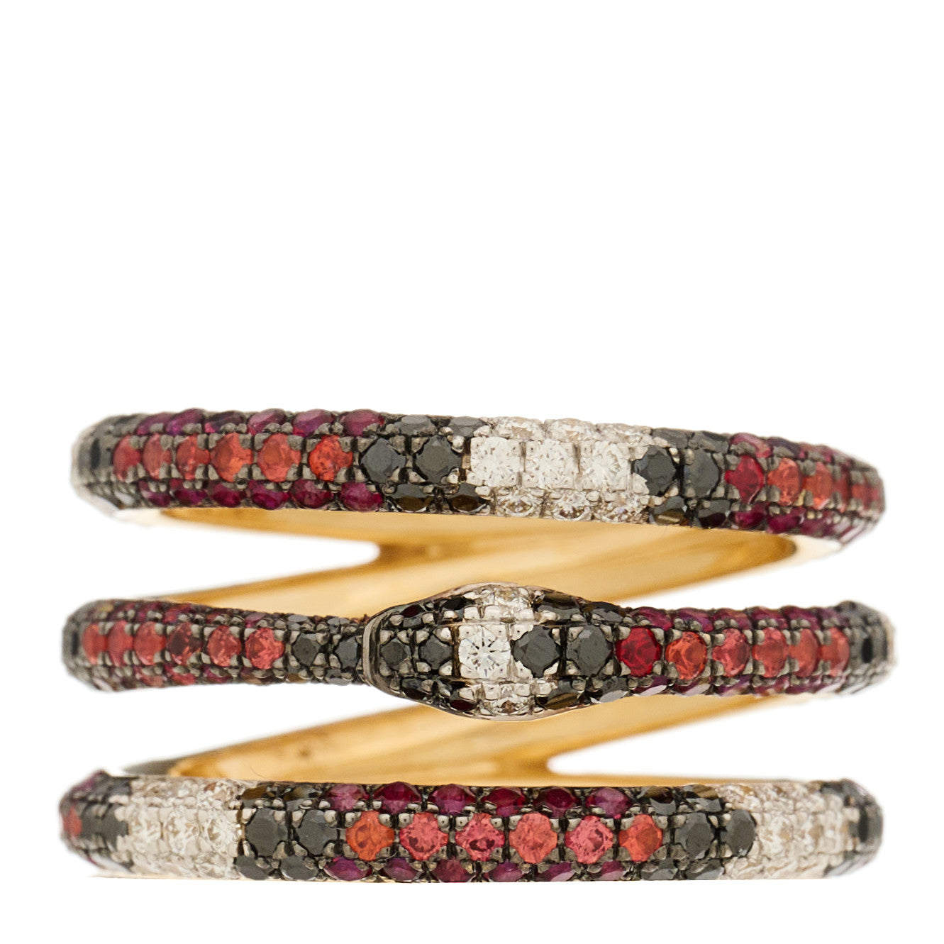 18K Yellow Gold Black Diamond Topaz Sapphire Diamond Ouroboros Snake Three-Row Ring 53 6.25