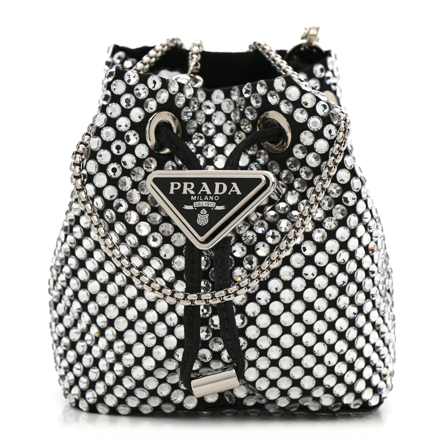 Satin Crystal Metal Triangle Logo Mini Drawcord Pouch Shoulder Bag Crystal