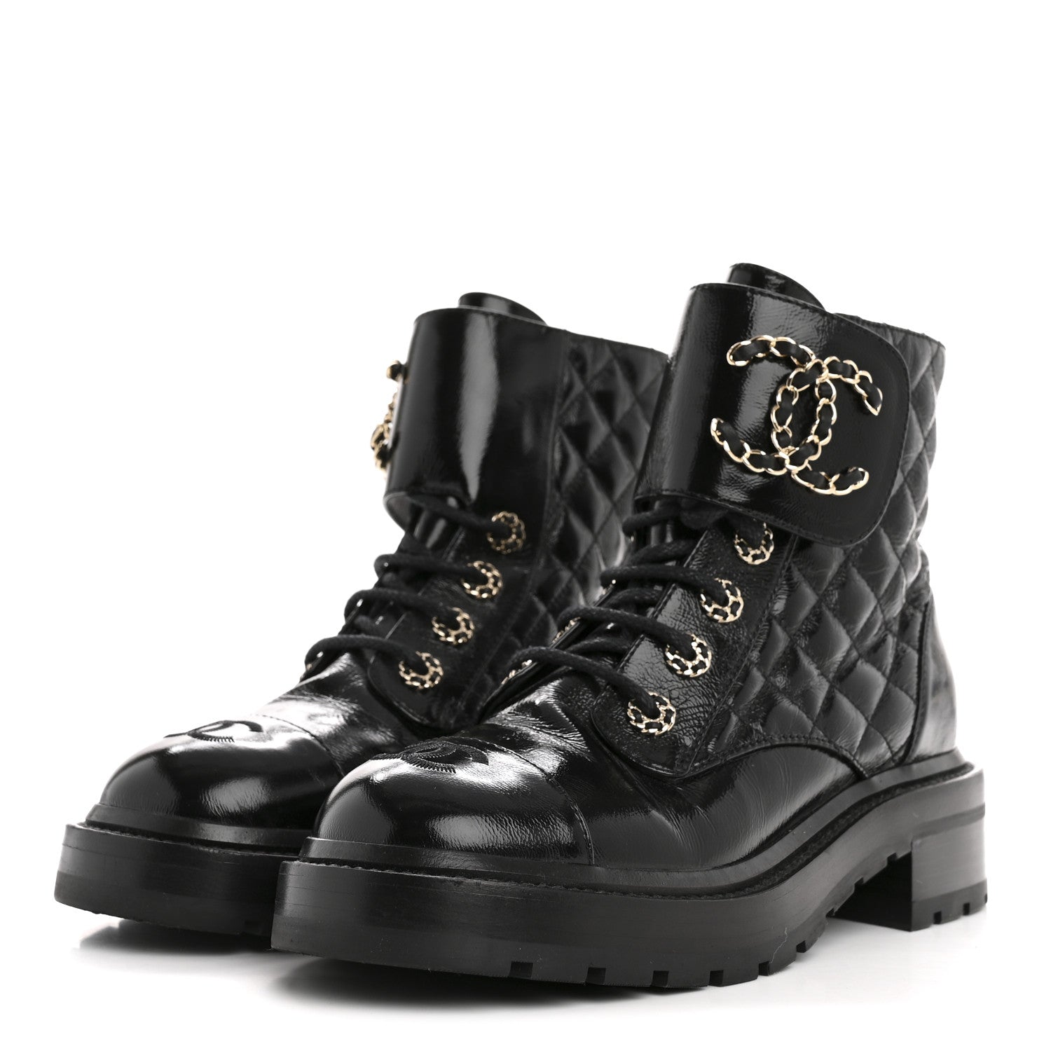 Shiny Goatskin Calfskin Quilted Lace Up Combat Boots 36.5 Black