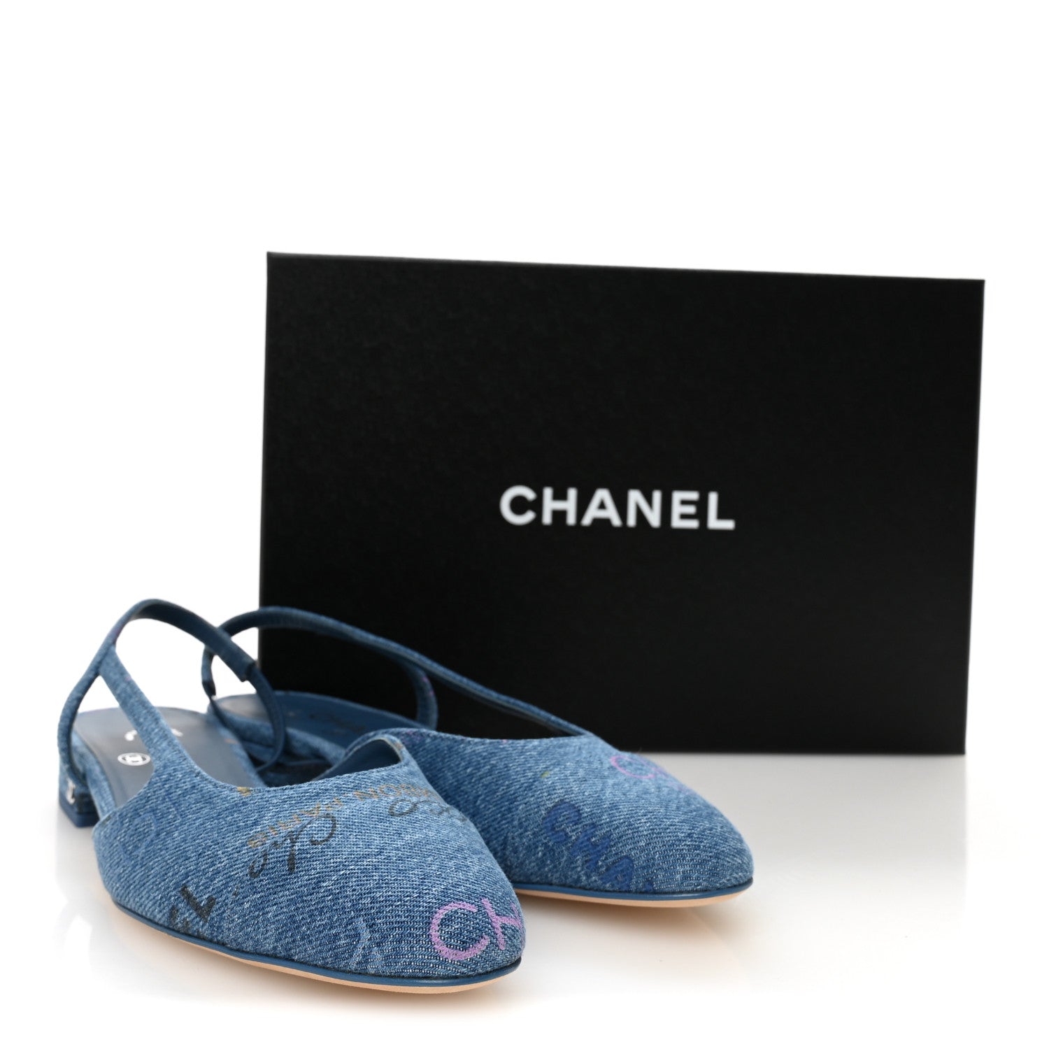 Denim Printed Denim Mood Cap Toe CC Slingback Flats 37 Light Blue Multicolor
