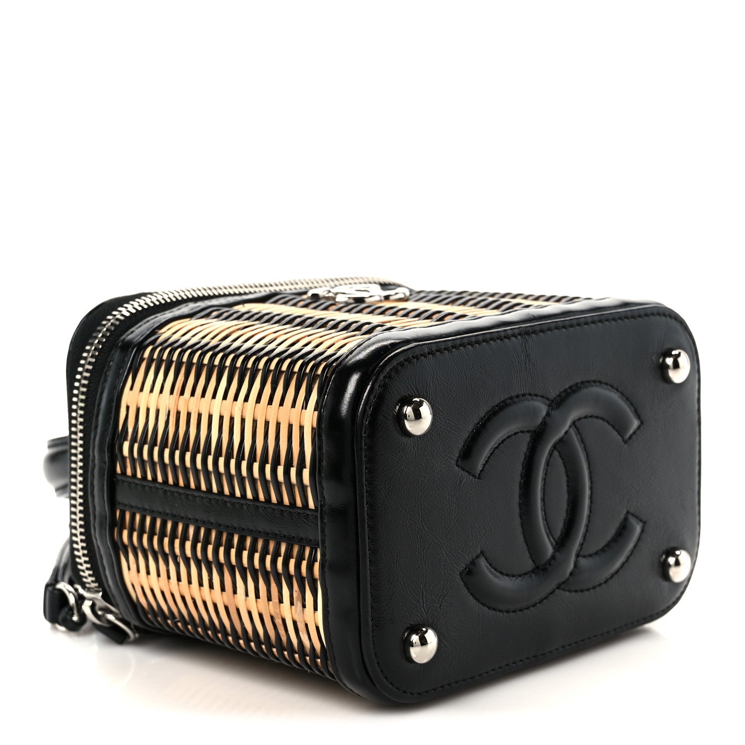 Calfskin Raffia Small Vanity Case Bag Black Beige