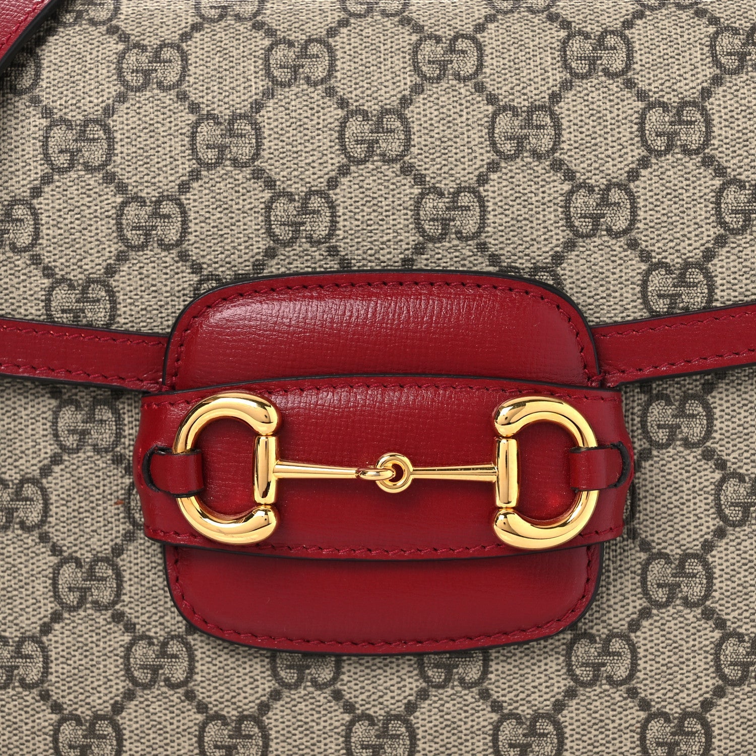 GG Supreme Monogram Azalea Calfskin Horsebit 1955 Shoulder Bag Beige Ebony New Cherry Red